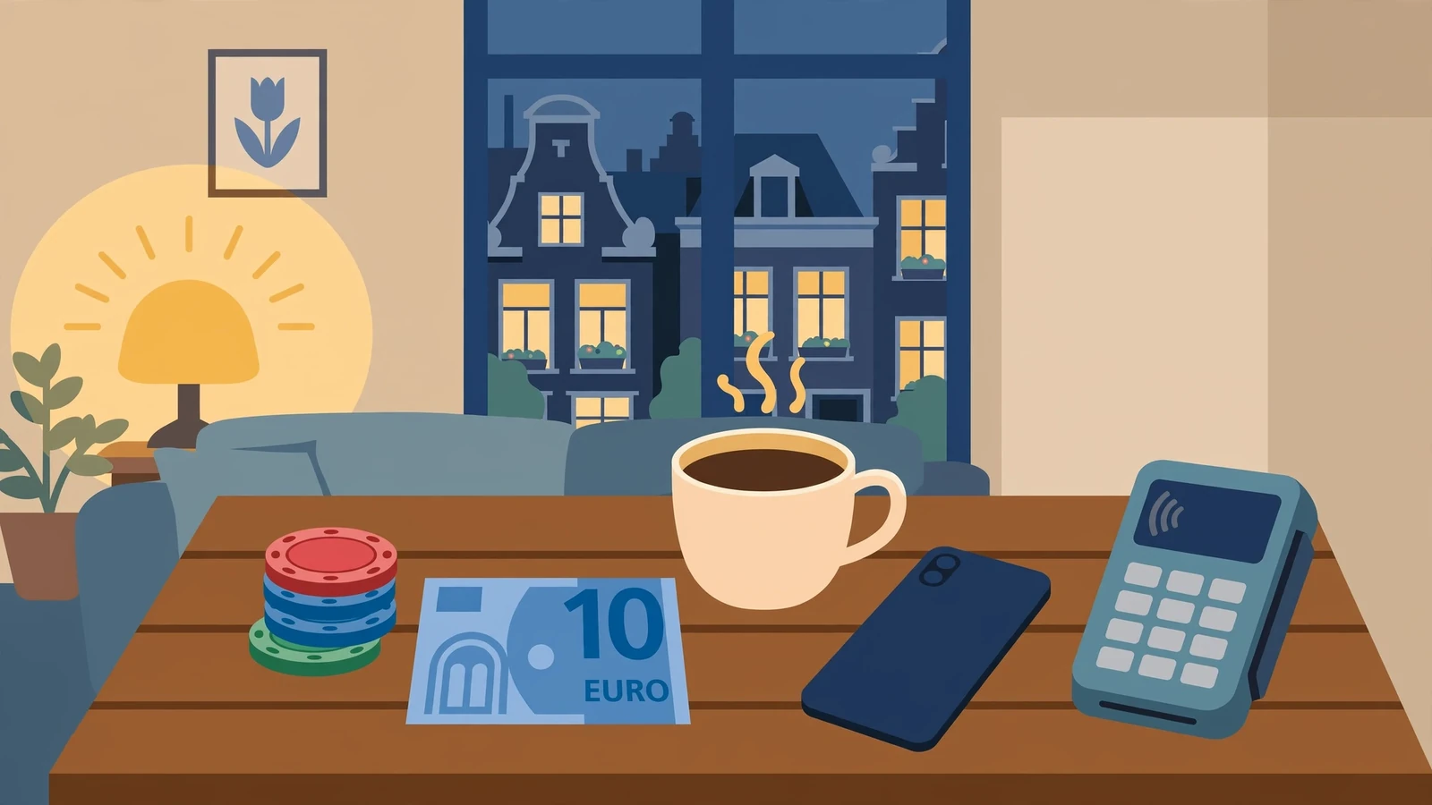 Nederlandse woonkamer met casinofiches en een tientje op tafel
