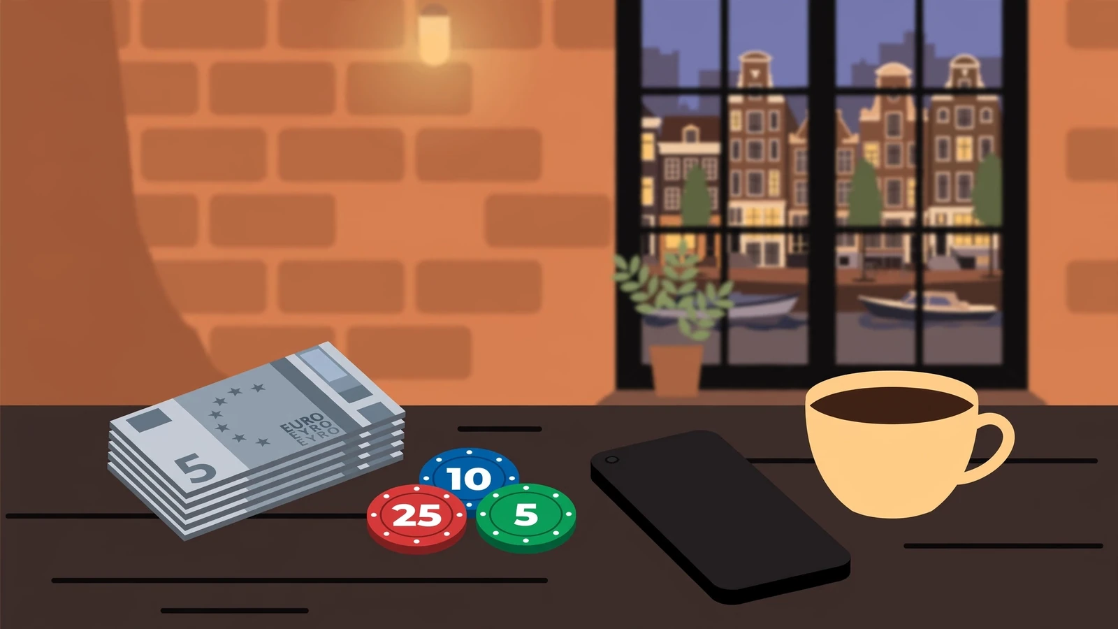 Vijf euro bankbiljetten en casinofiches op een tafel met telefoon en koffie.