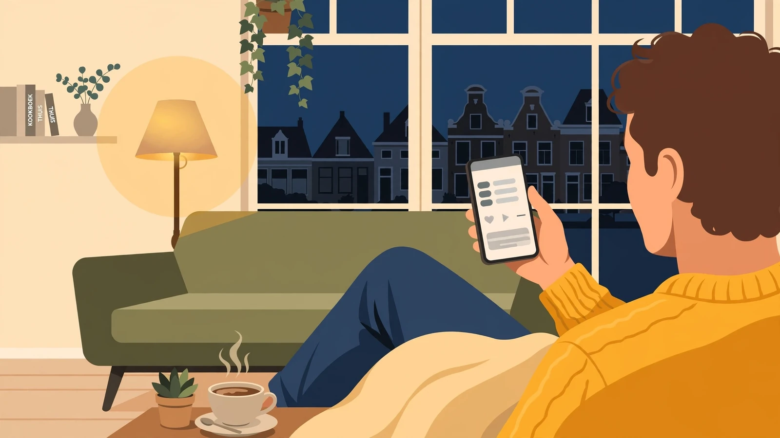 Persoon op de bank met smartphone en koffie in een gezellige woonkamer.