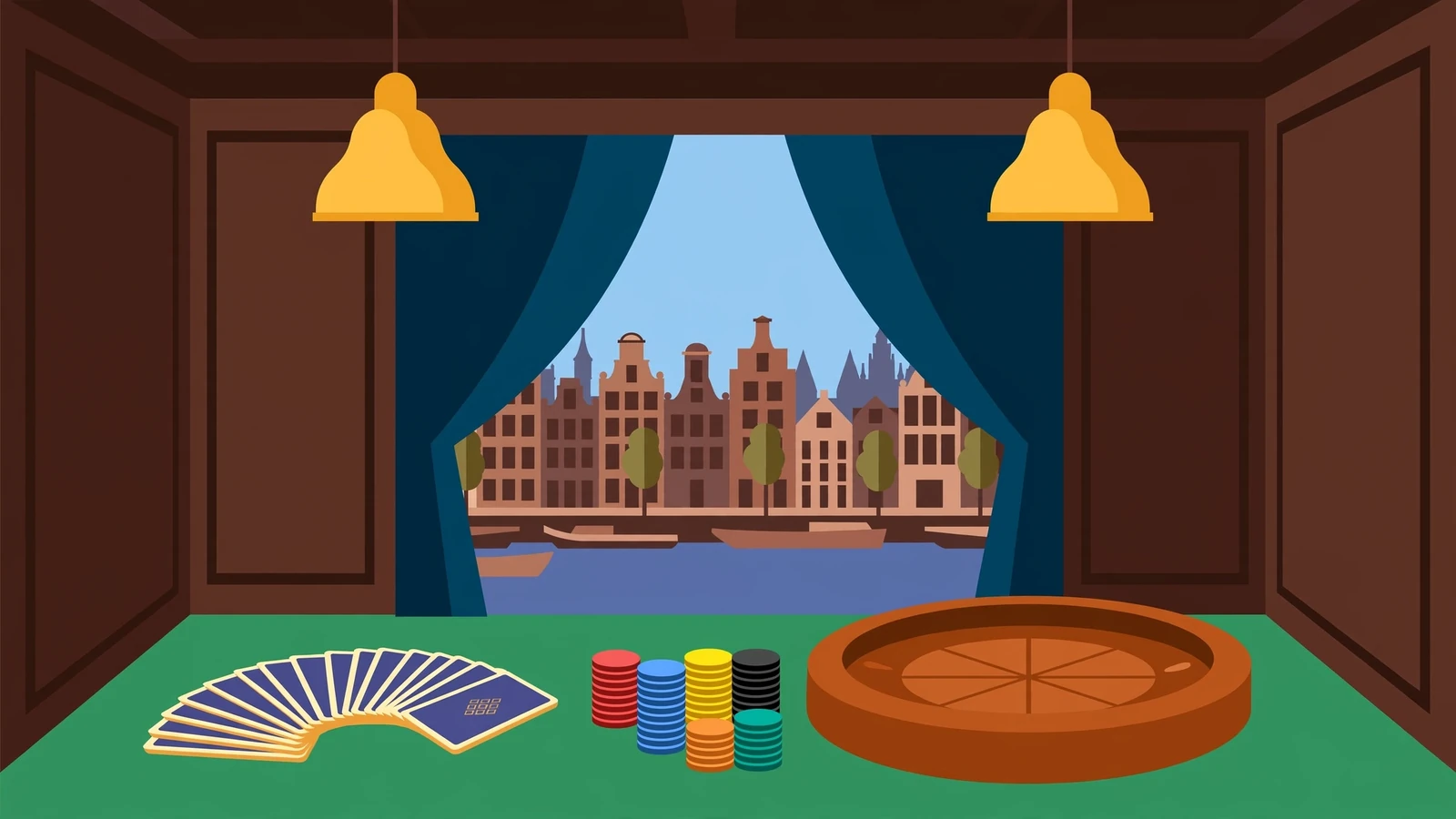 Elegante casino speeltafel met roulette, fiches en kaarten in warm verlichte Nederlandse zaal