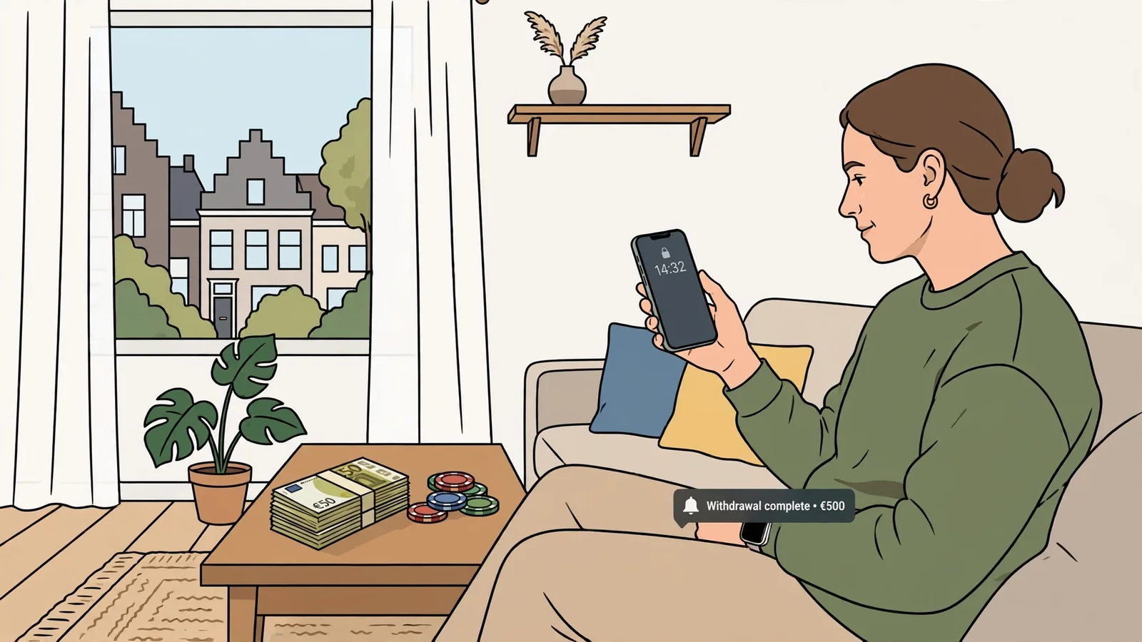 Persoon op de bank met smartphone, euro's en casinofiches op tafel