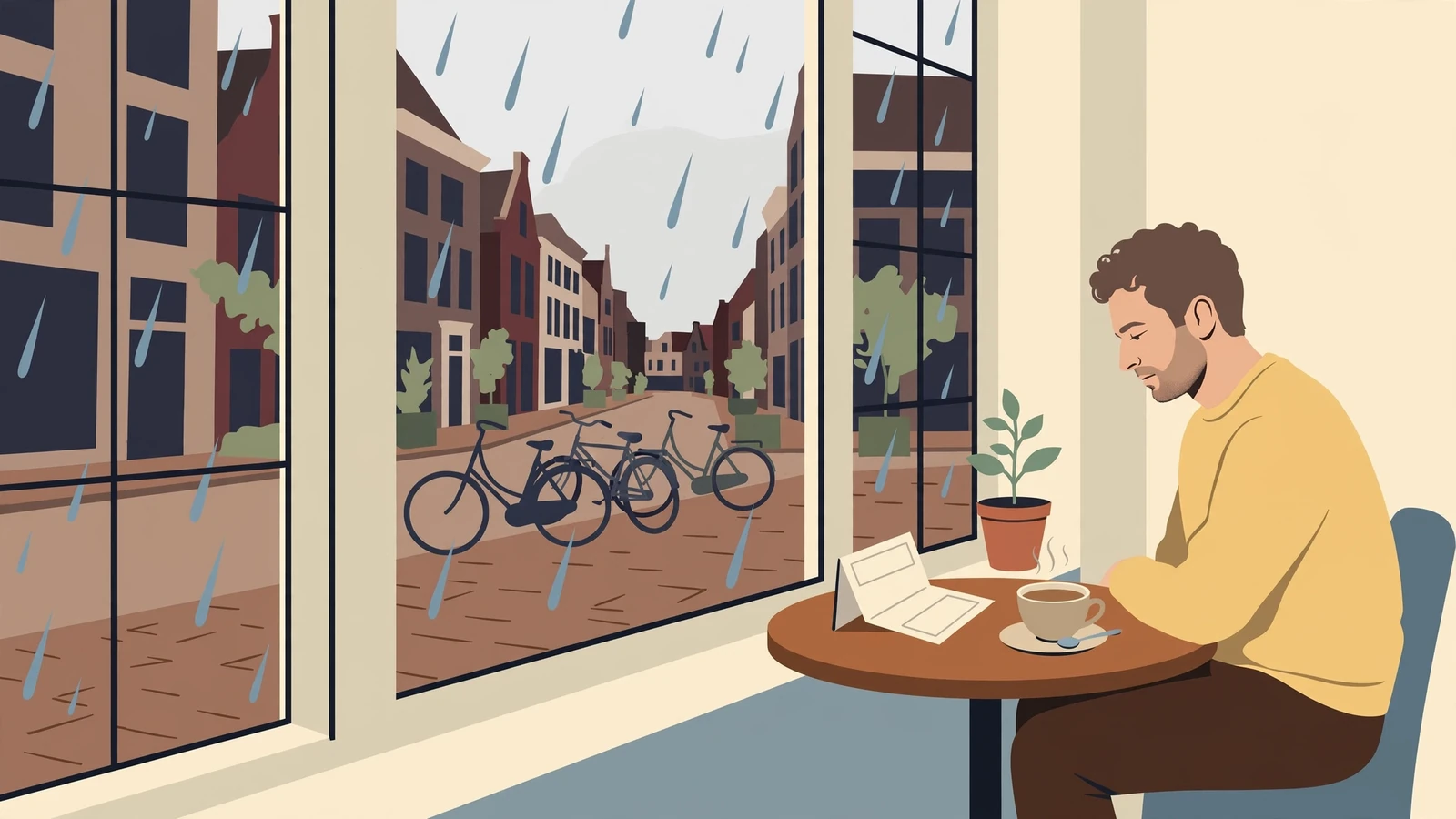 Persoon alleen in een Nederlands café met een formulier op tafel
