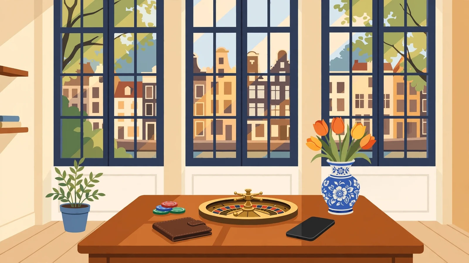 Hollands interieur met casinofiches, roulette en omgedraaide telefoon