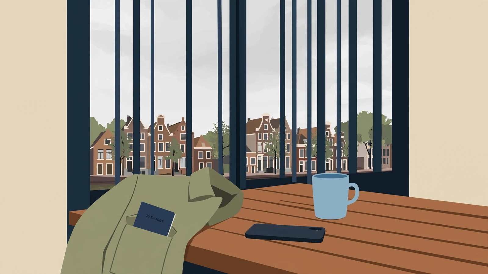 Smartphone en paspoort op een houten tafel naast een grachtenpand in Nederland