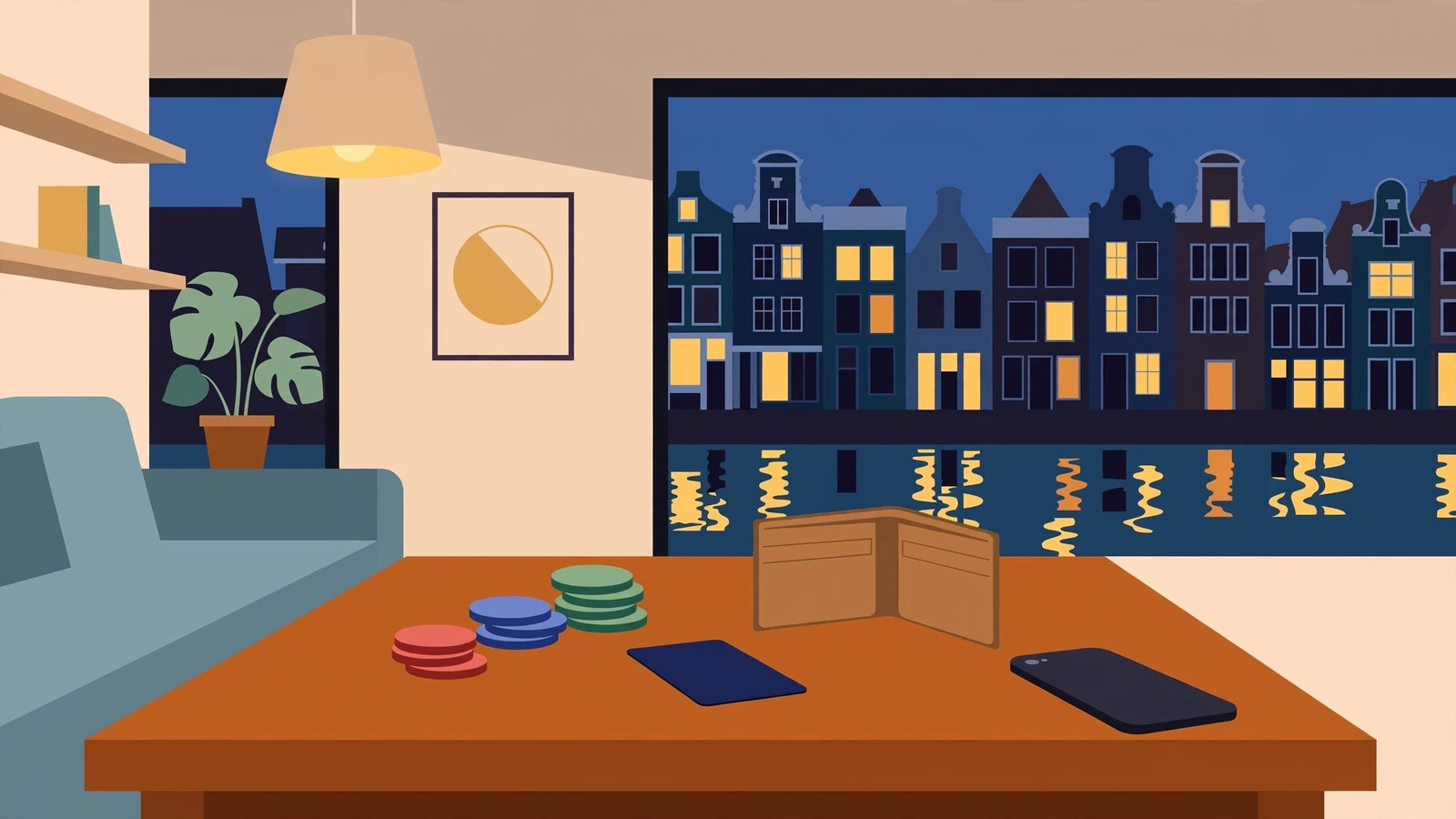 Nederlandse huiskamer met casinofiches en een verborgen telefoon