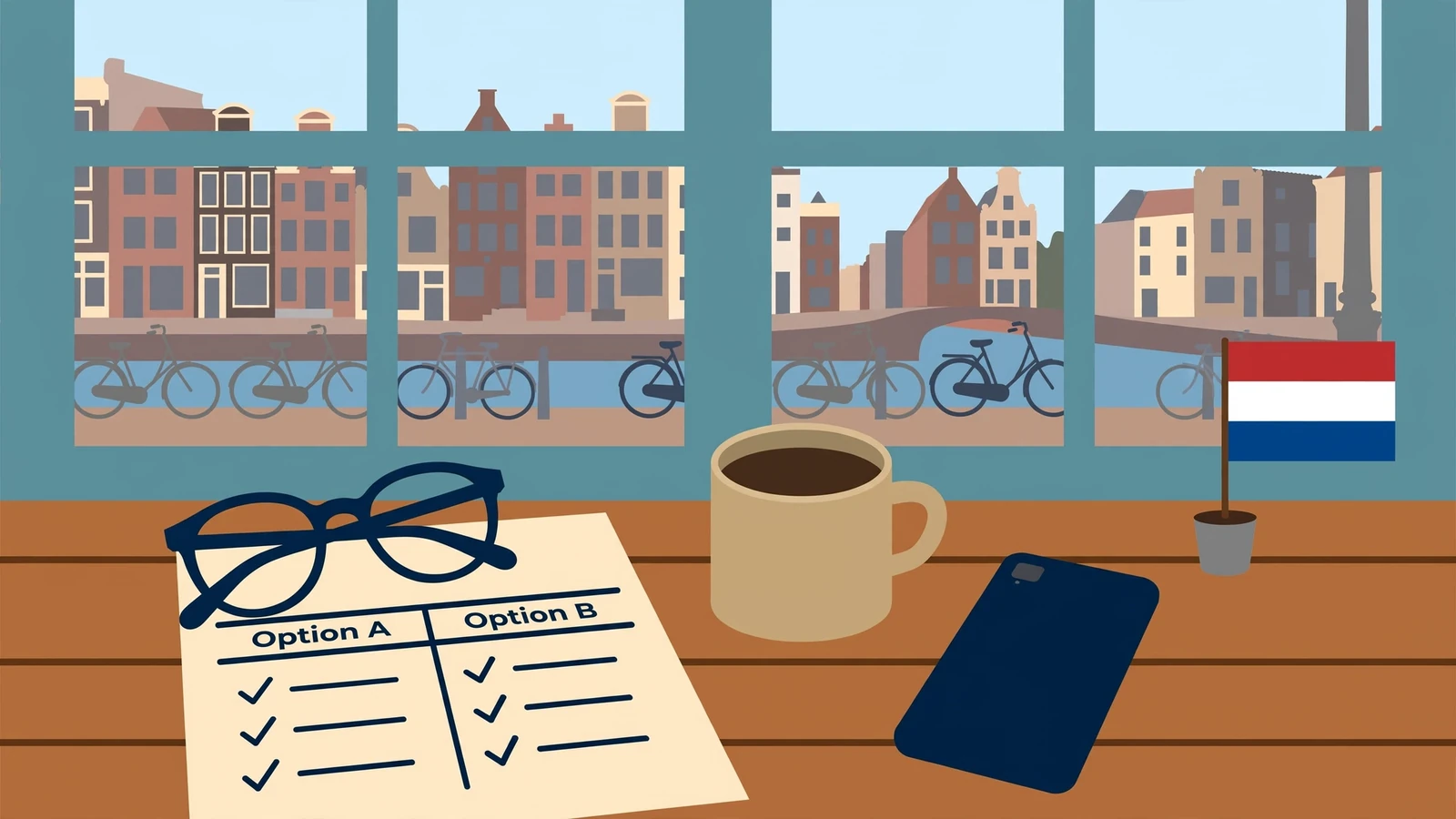 Bureau met leesbril, telefoon en koffie voor een raam met grachtenpanden in Amsterdam.