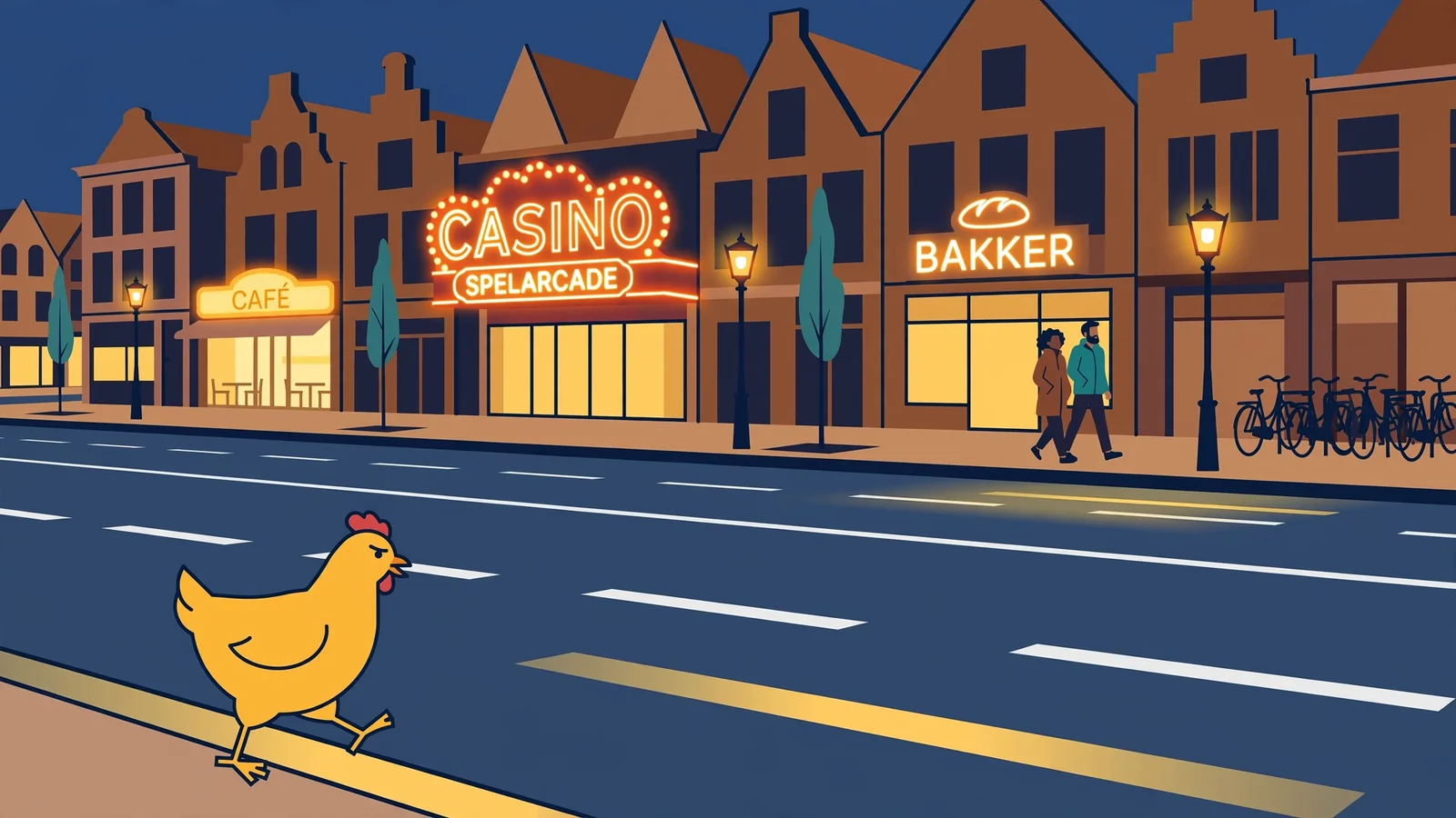 Een kip die een drukke weg oversteekt bij een casino-omgeving in Nederland.