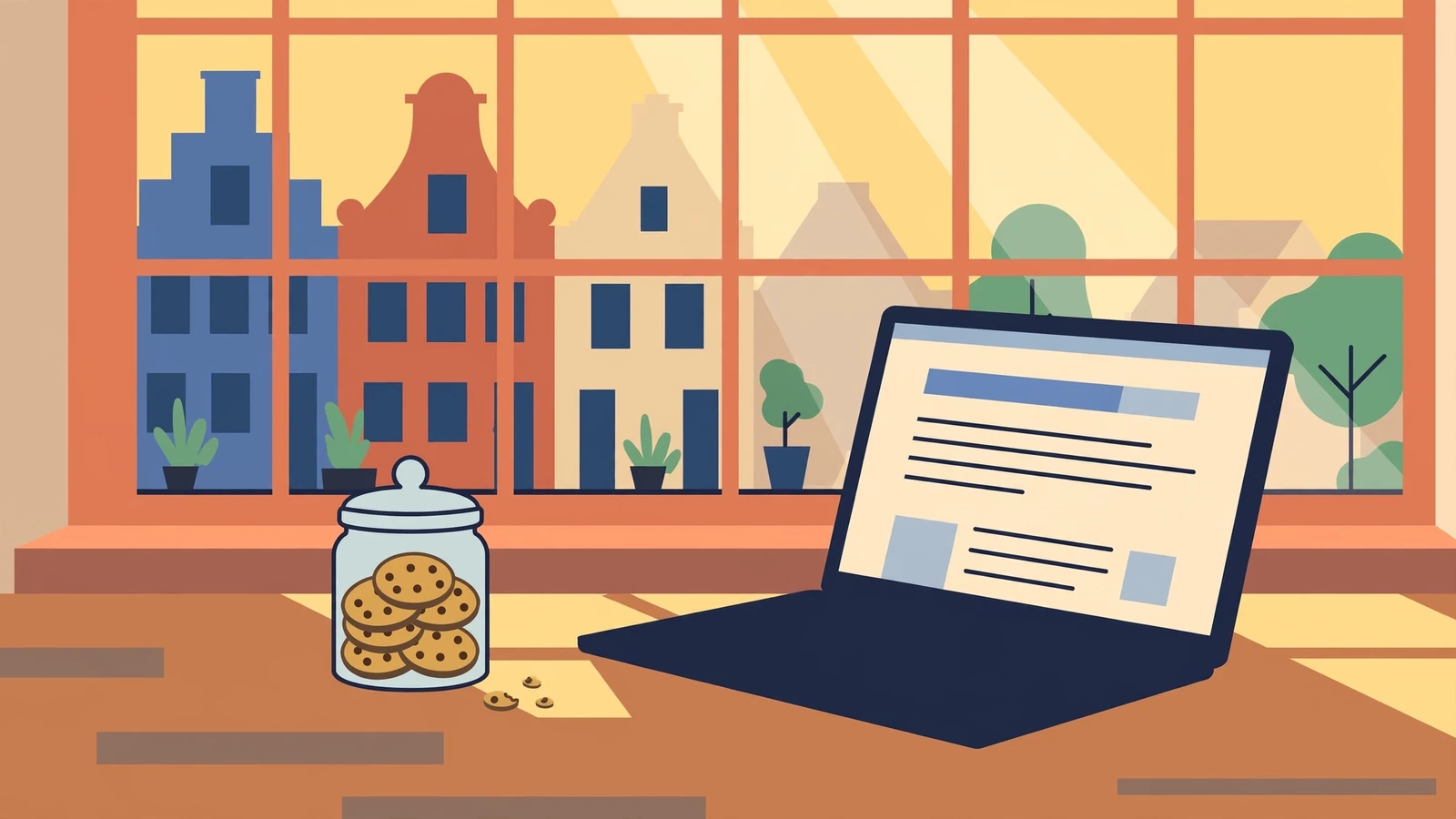 Glazen pot met chocolate chip cookies naast een laptop op een houten aanrecht