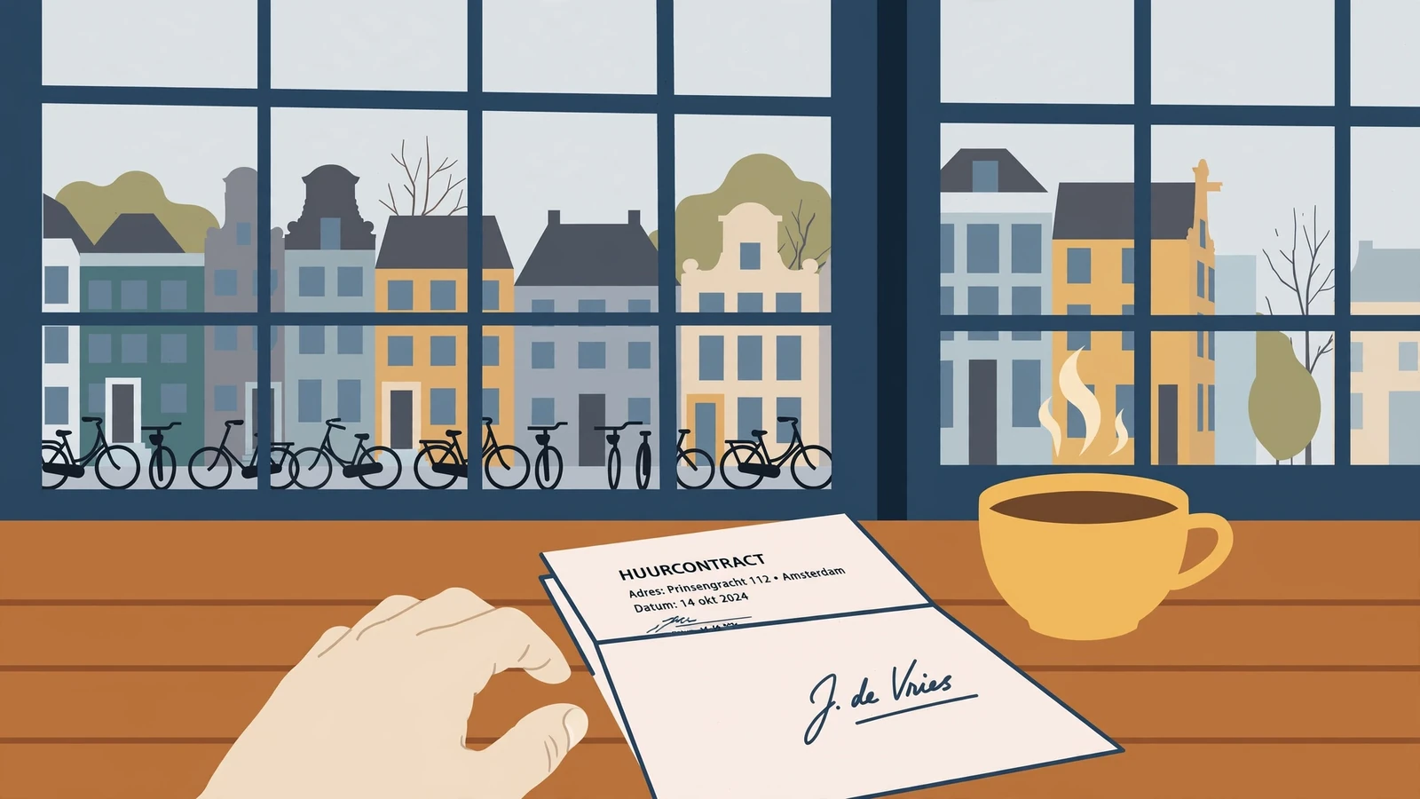 Getekend document en koffiekop op bureau met uitzicht op grachtenpanden