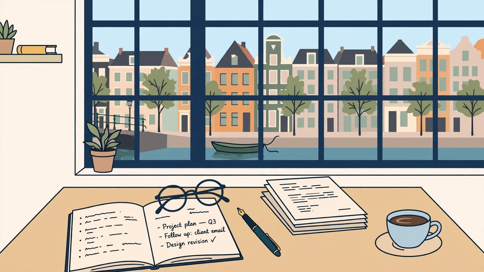 Een opgeruimd bureau met notitieboek, documenten en een kop koffie bij het raam.
