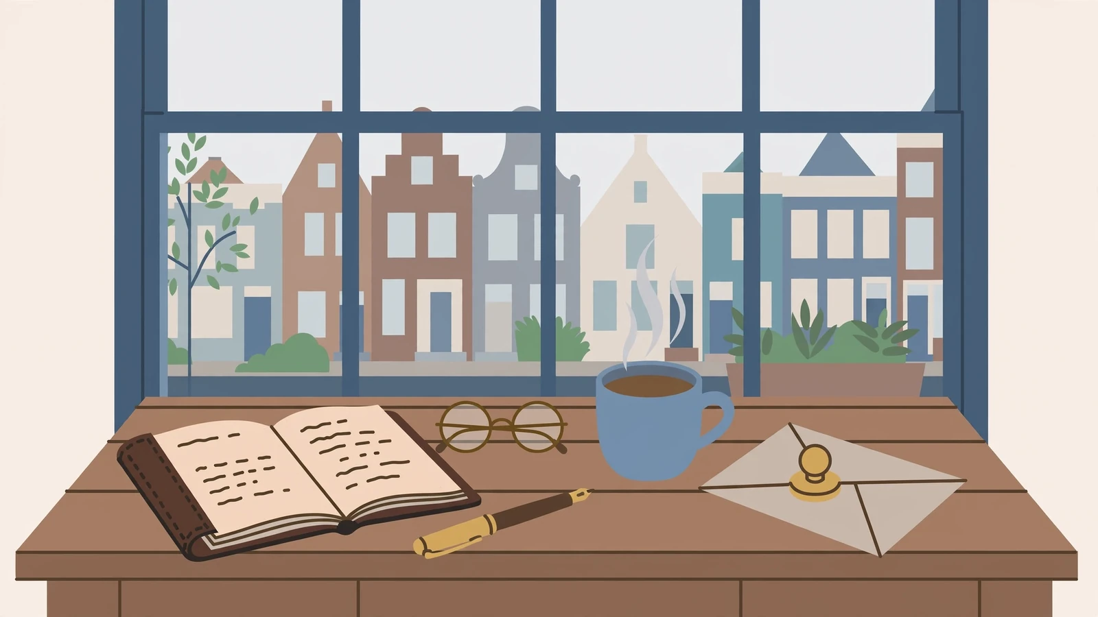 Leesbril, notitieboek en pen op een houten tafel in een Nederlands grachtenpand.