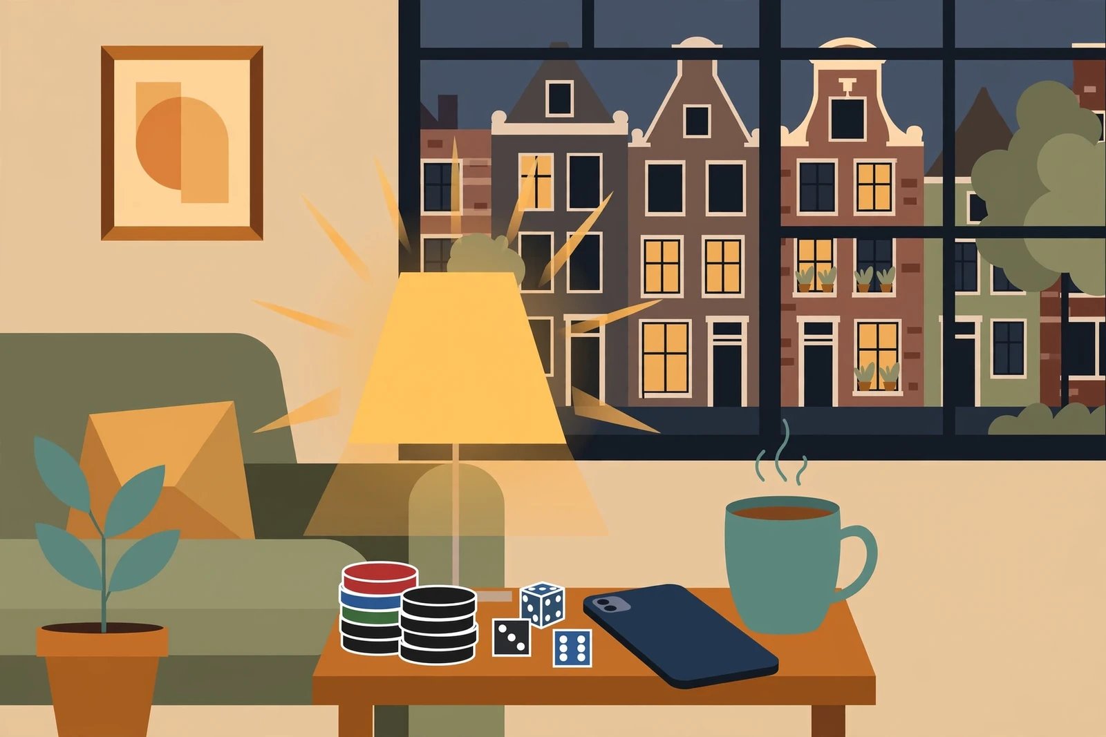 Huiskamer met casinofiches en telefoon op tafel
