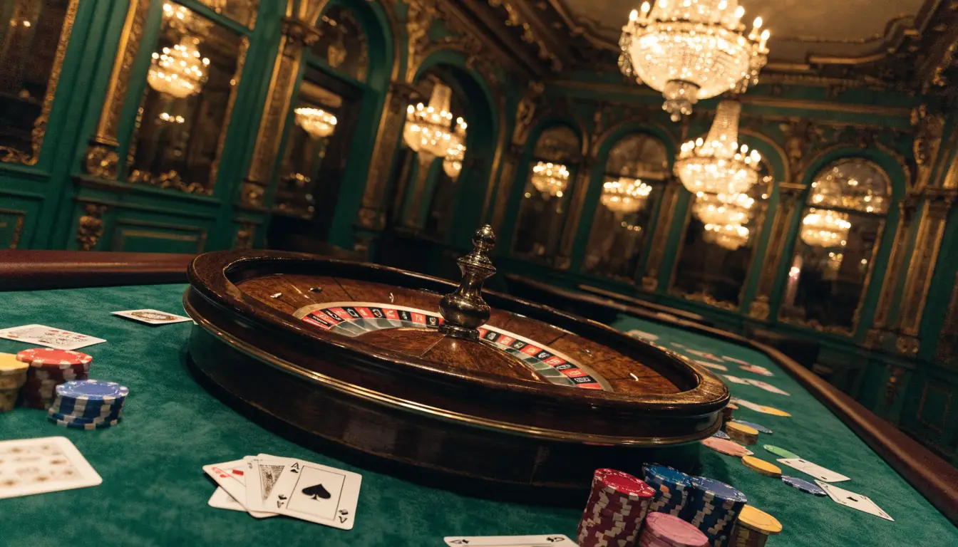 Elegant Europees casino-interieur met roulettewiel en stapels chips bij warm avondlicht