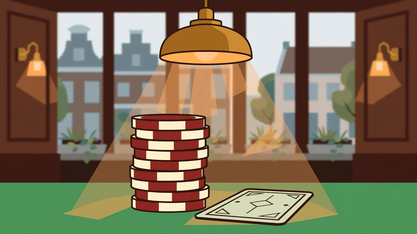 Stapel pokerfiches en een gesloten kaart op een groene tafel in een warm Nederlands bruin café.