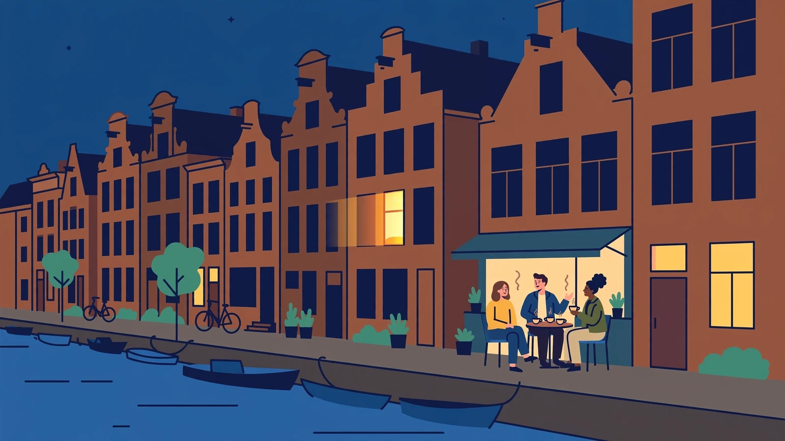 Avond aan een Amsterdamse gracht met cafés en fietsen.