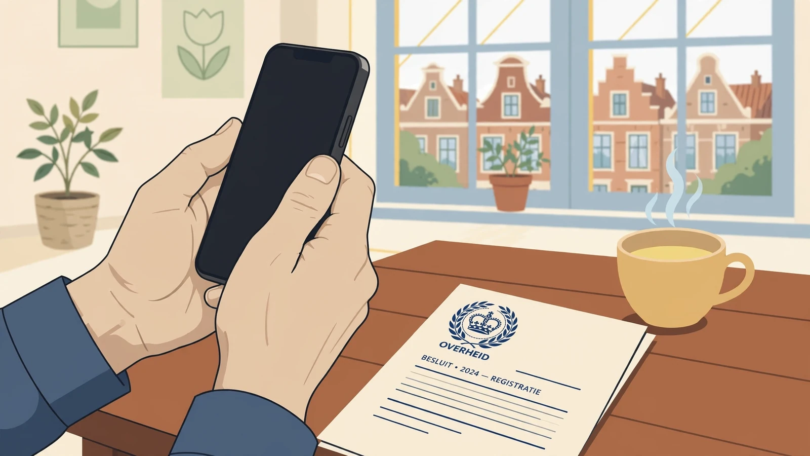 Handen met telefoon en een officieel document op tafel.