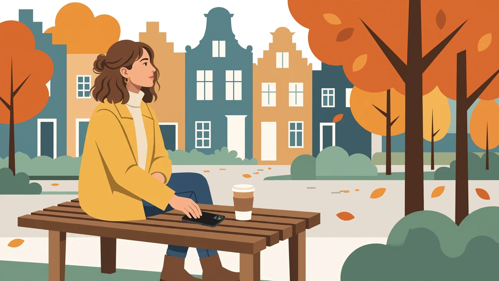 Vrouw legt haar telefoon weg op een parkbank.