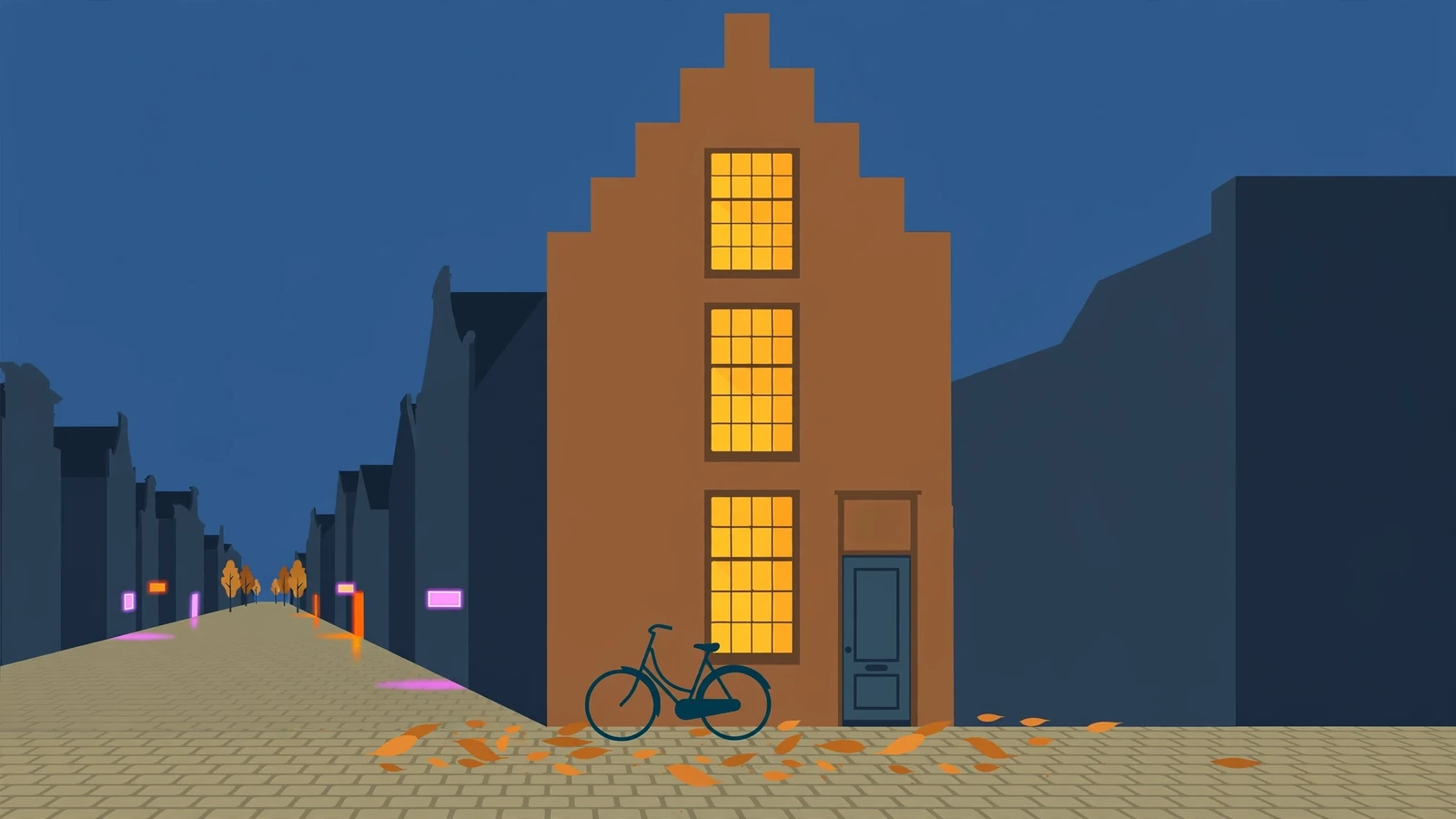 Grachtenpand in Amsterdam bij schemering met verlichte ramen