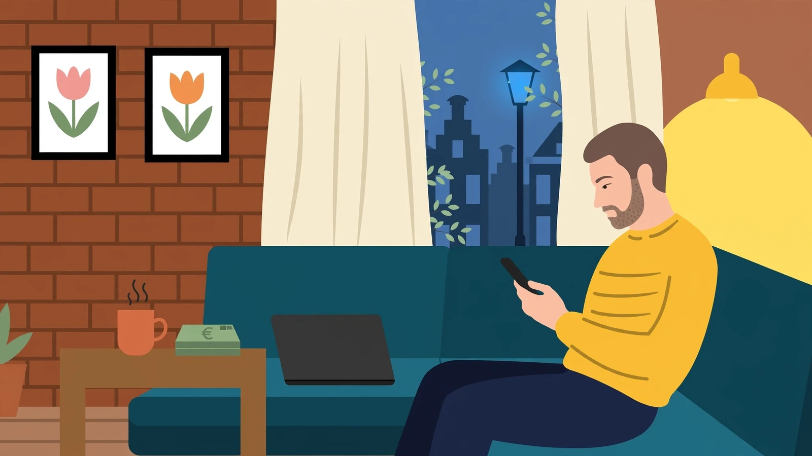 Man op de bank met telefoon in sfeervol verlichte Nederlandse woonkamer