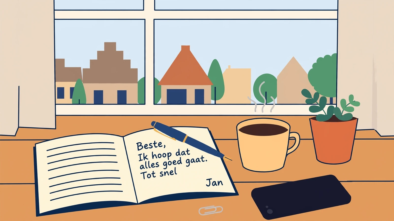Notitieboek met pen en kopje koffie op een bureau bij het raam