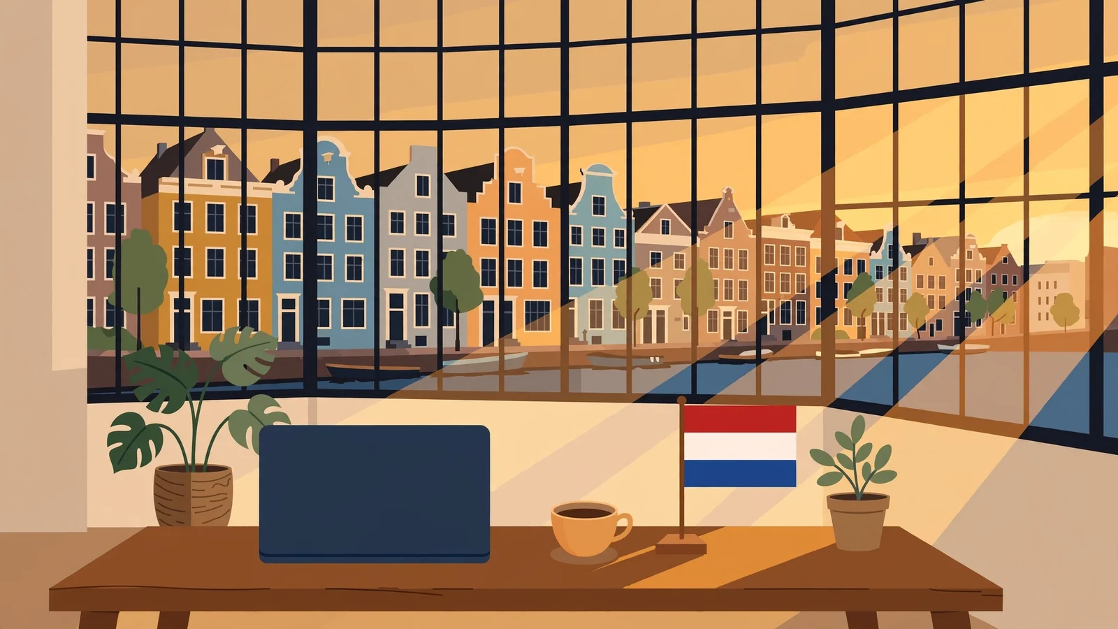 Moderne Nederlandse werkplek met laptop bij het raam