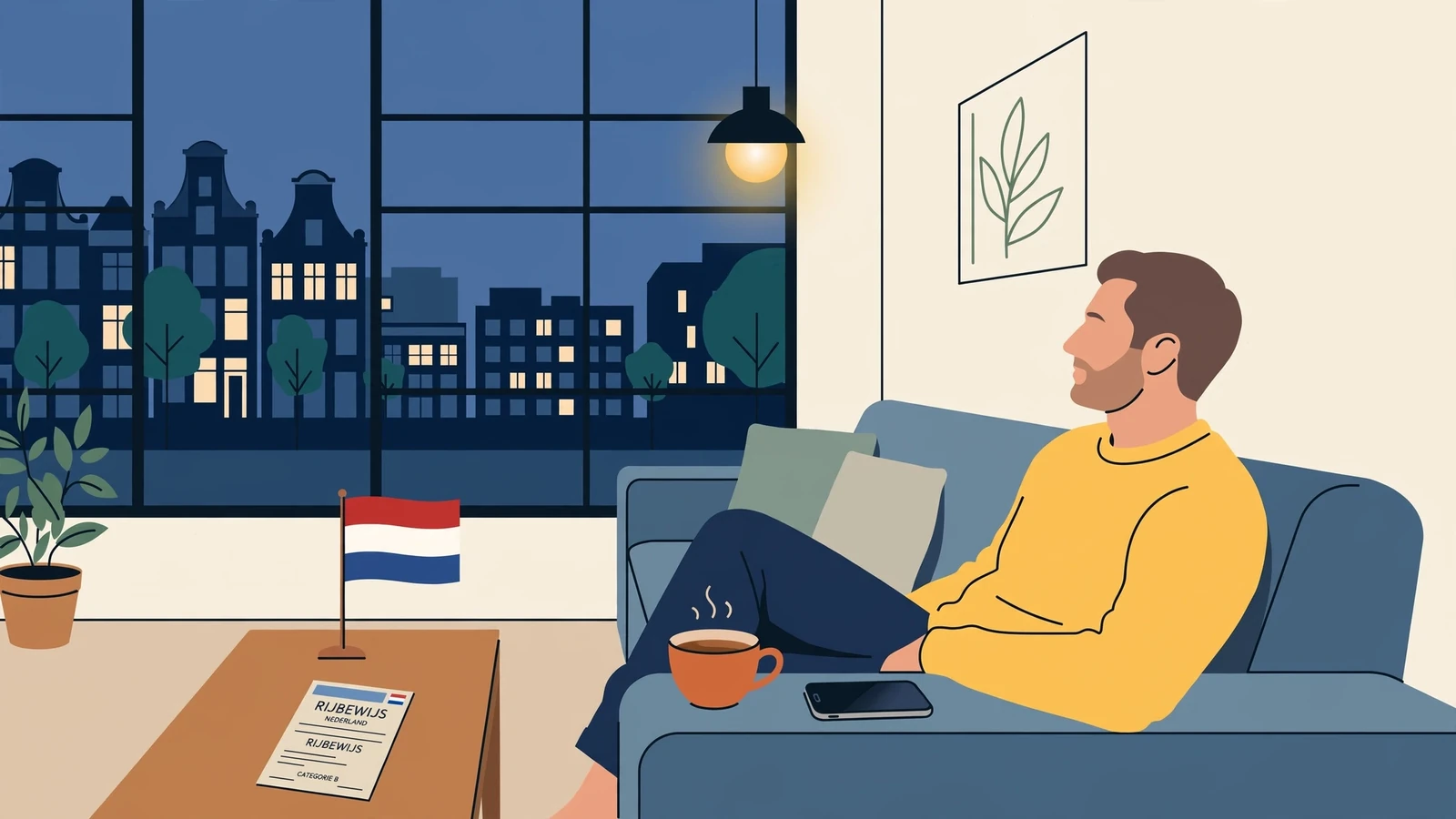 Moderne Nederlandse woonkamer met smartphone en vergunningdocument op tafel.
