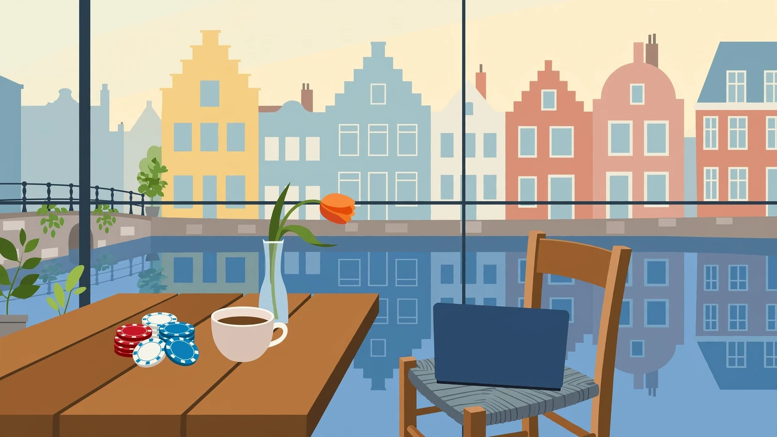 Terras aan een Amsterdamse gracht met casinofiches op tafel