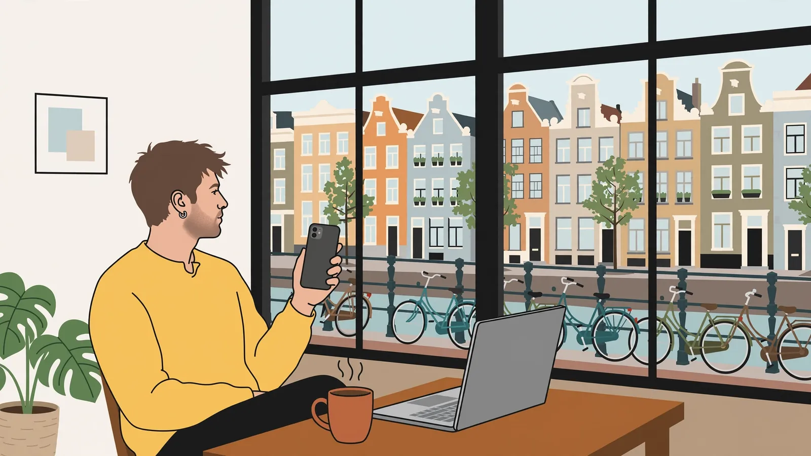 Persoon met smartphone in een modern Nederlands appartement aan een grachtenraam