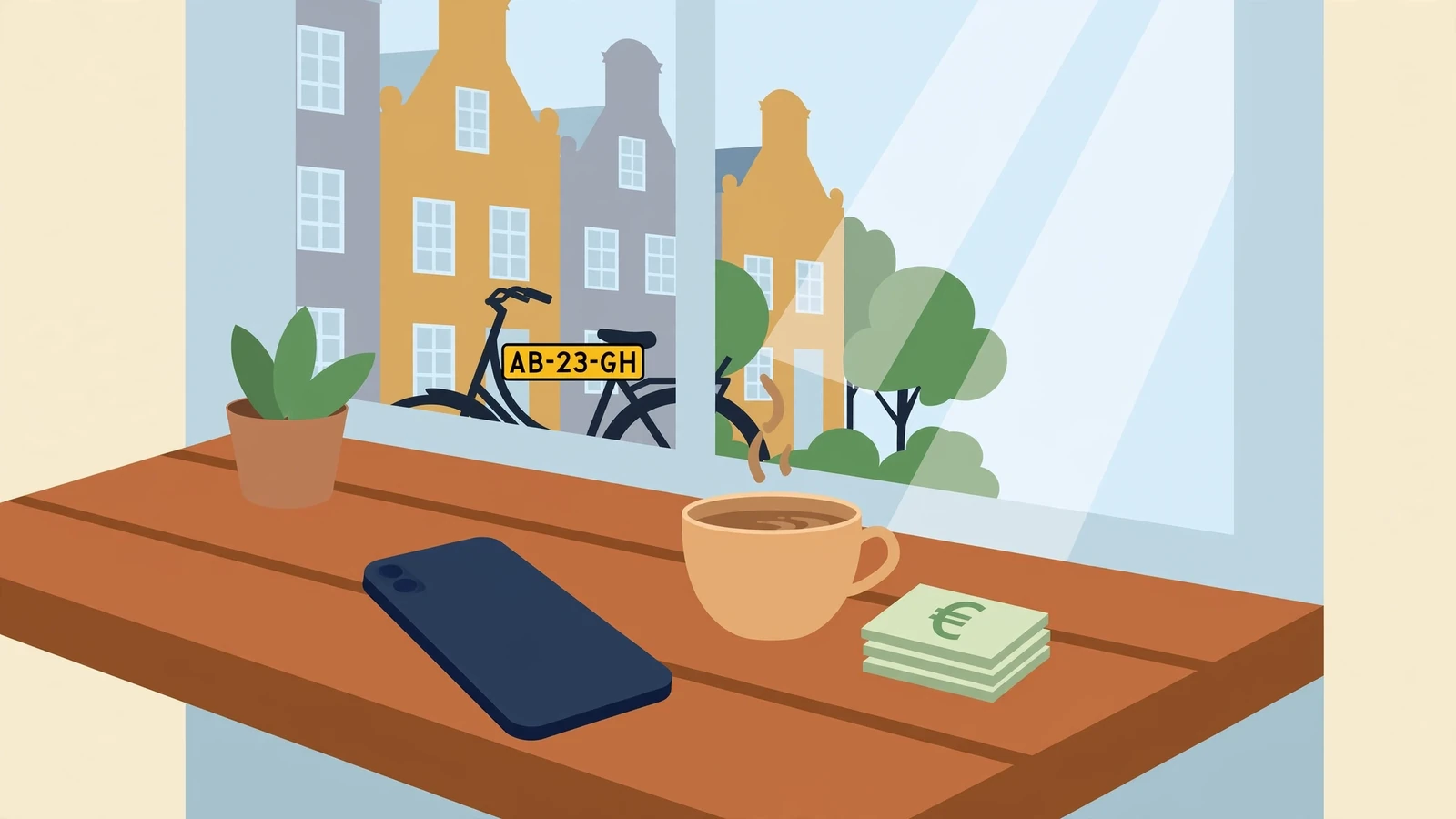 Smartphone op een tafel in een Nederlands café, scherm van de kijker af.