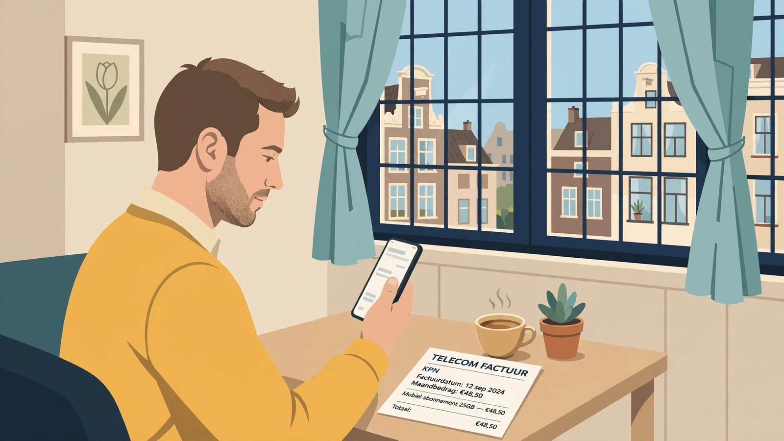 Man met smartphone en telefoonrekening aan tafel