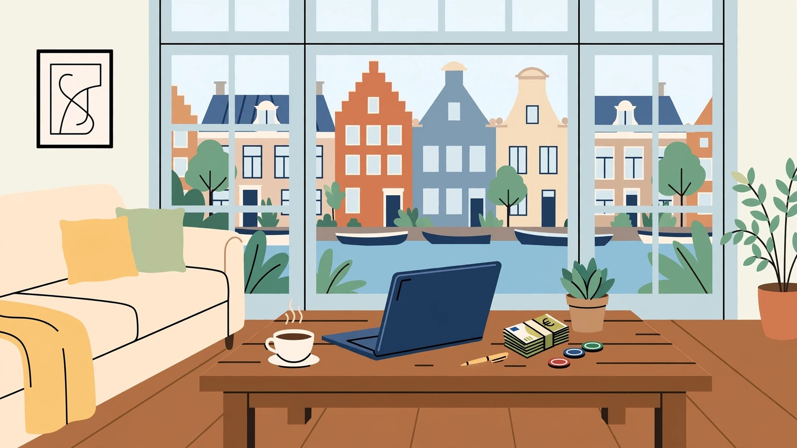 Nederlandse huiskamer met laptop, euro's en casino fiches op tafel