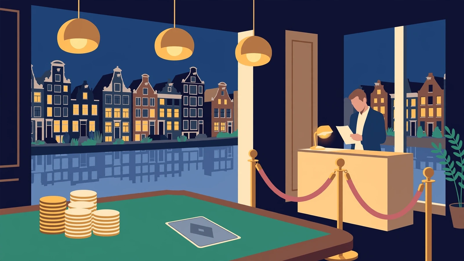 Sfeer van een Nederlands casino met speeltafel en Amsterdamse grachtenpanden bij schemering.