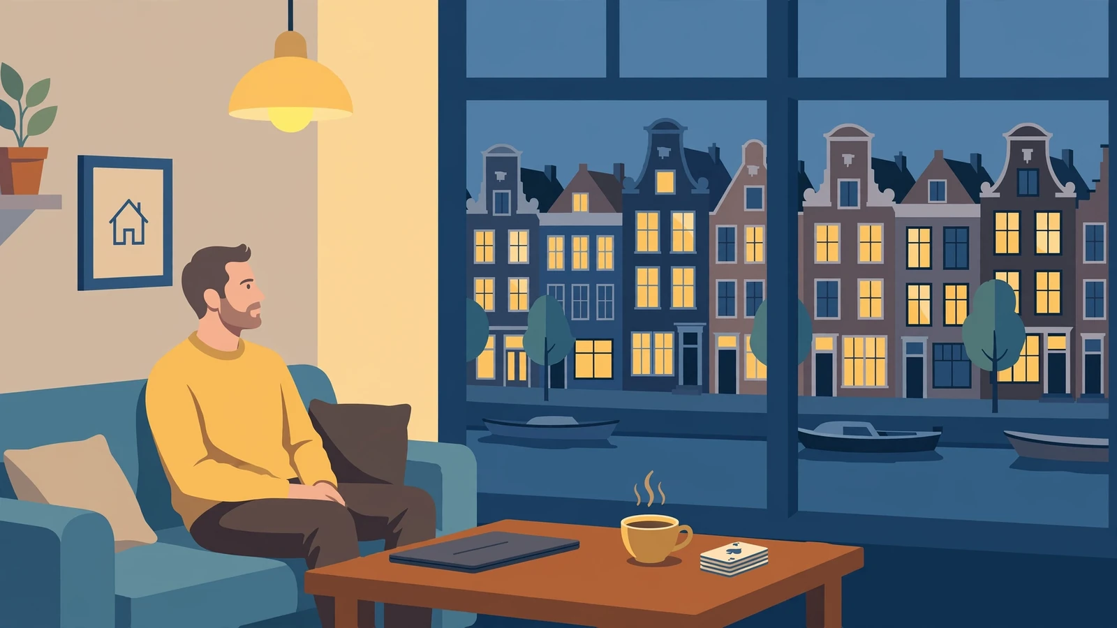 Nederlandse woonkamer met persoon en gesloten laptop bij kaarten