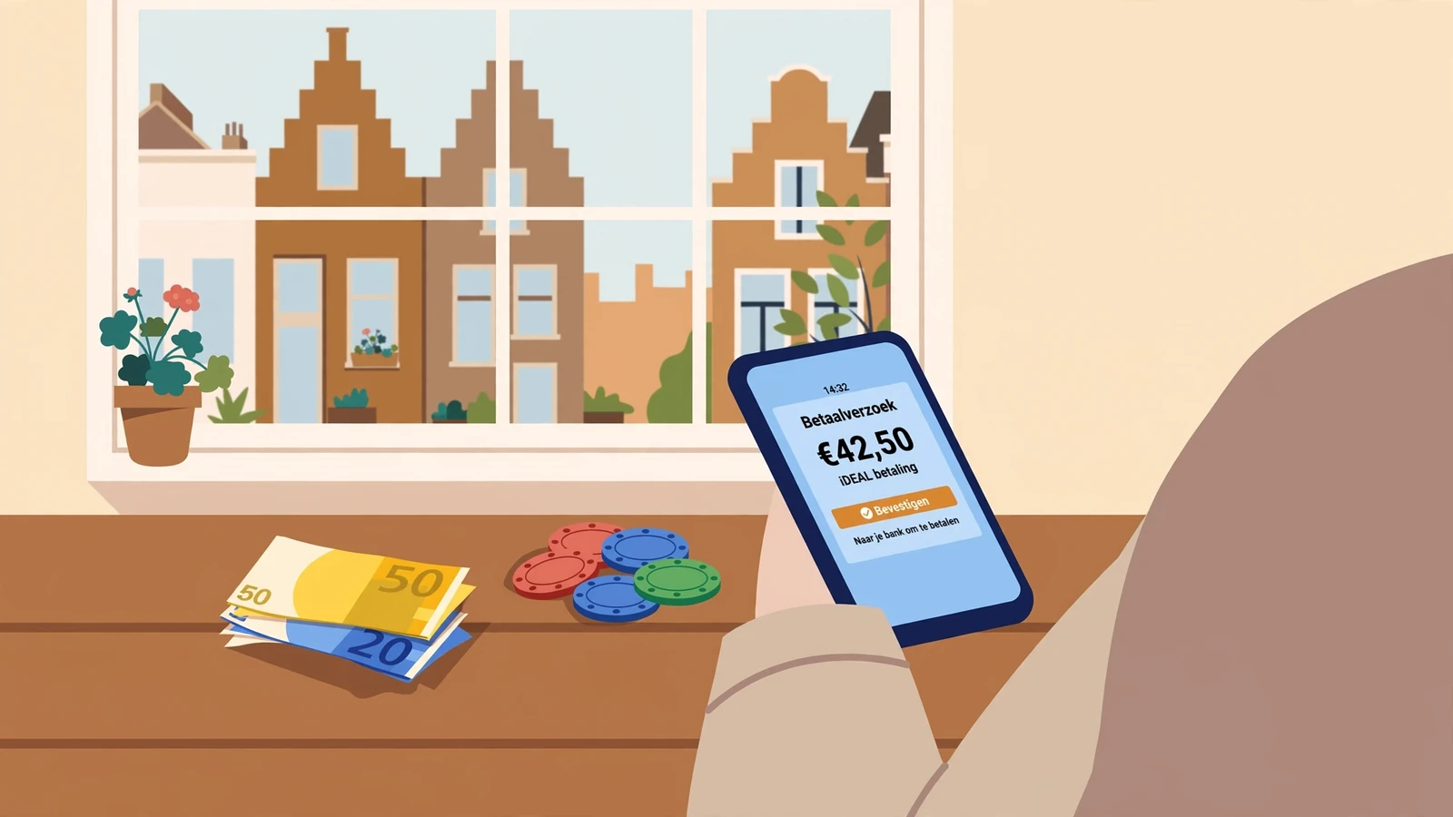 Eurobiljetten en casinofiches op een tafel naast een smartphone in een Nederlands huis.