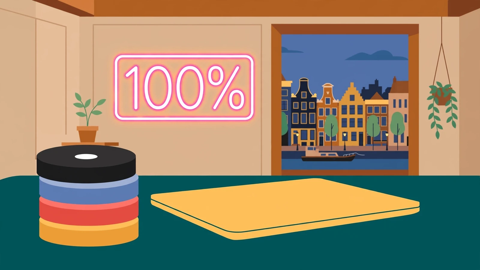 Casinochips en een neon 100%-teken op een tafel, Nederlandse kamer