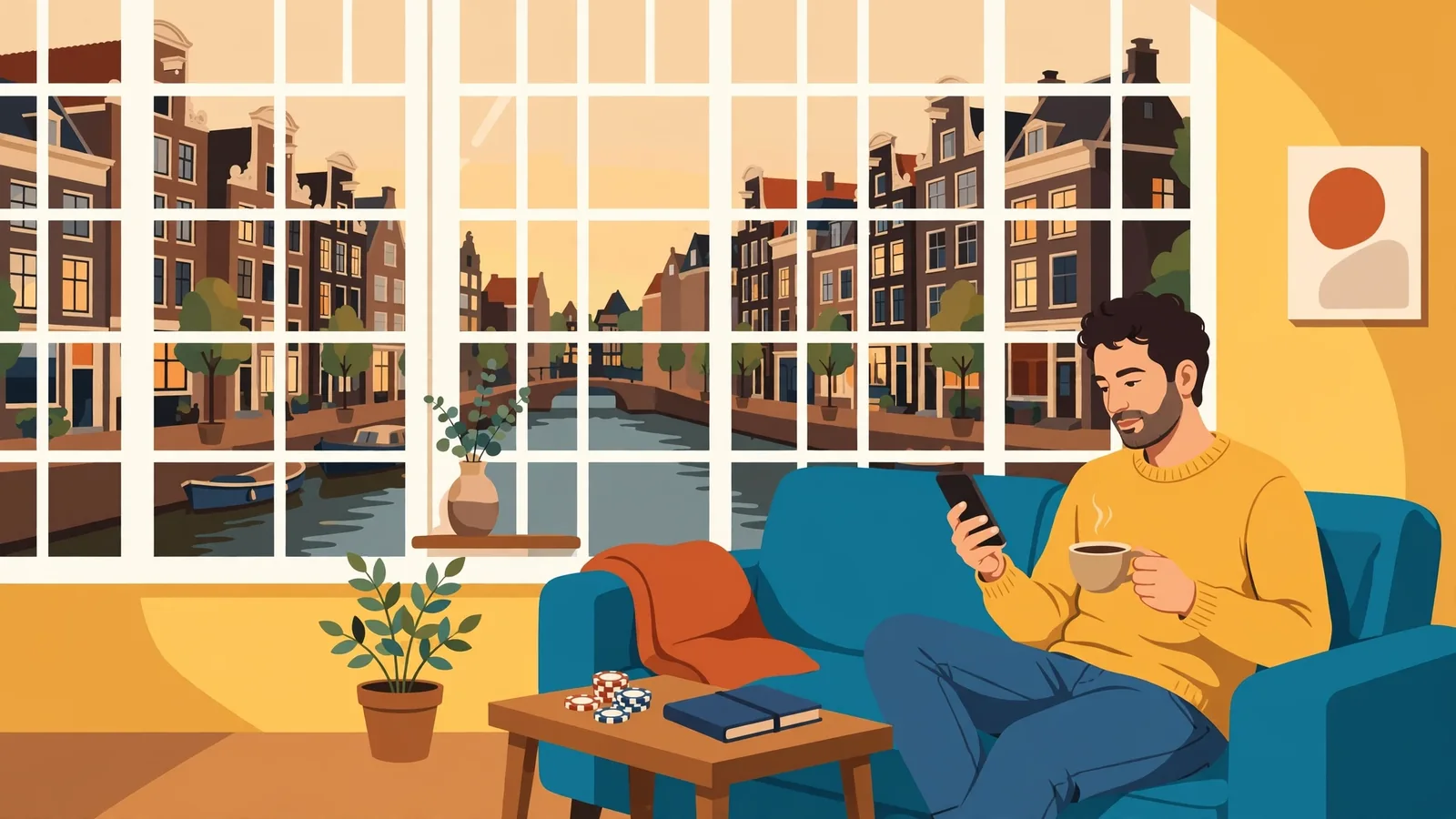 Persoon op de bank met telefoon naast koffie, chips en raam met grachtenpanden.
