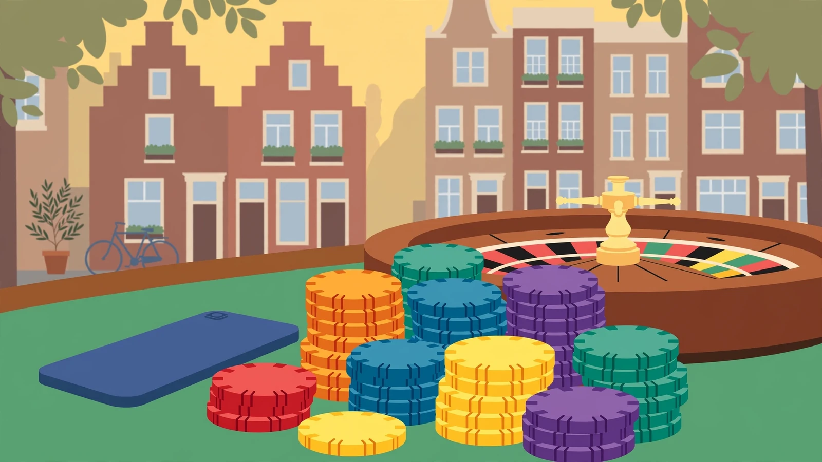 Casino tafel met kleurrijke fiches en roulettewiel bij warm avondlicht