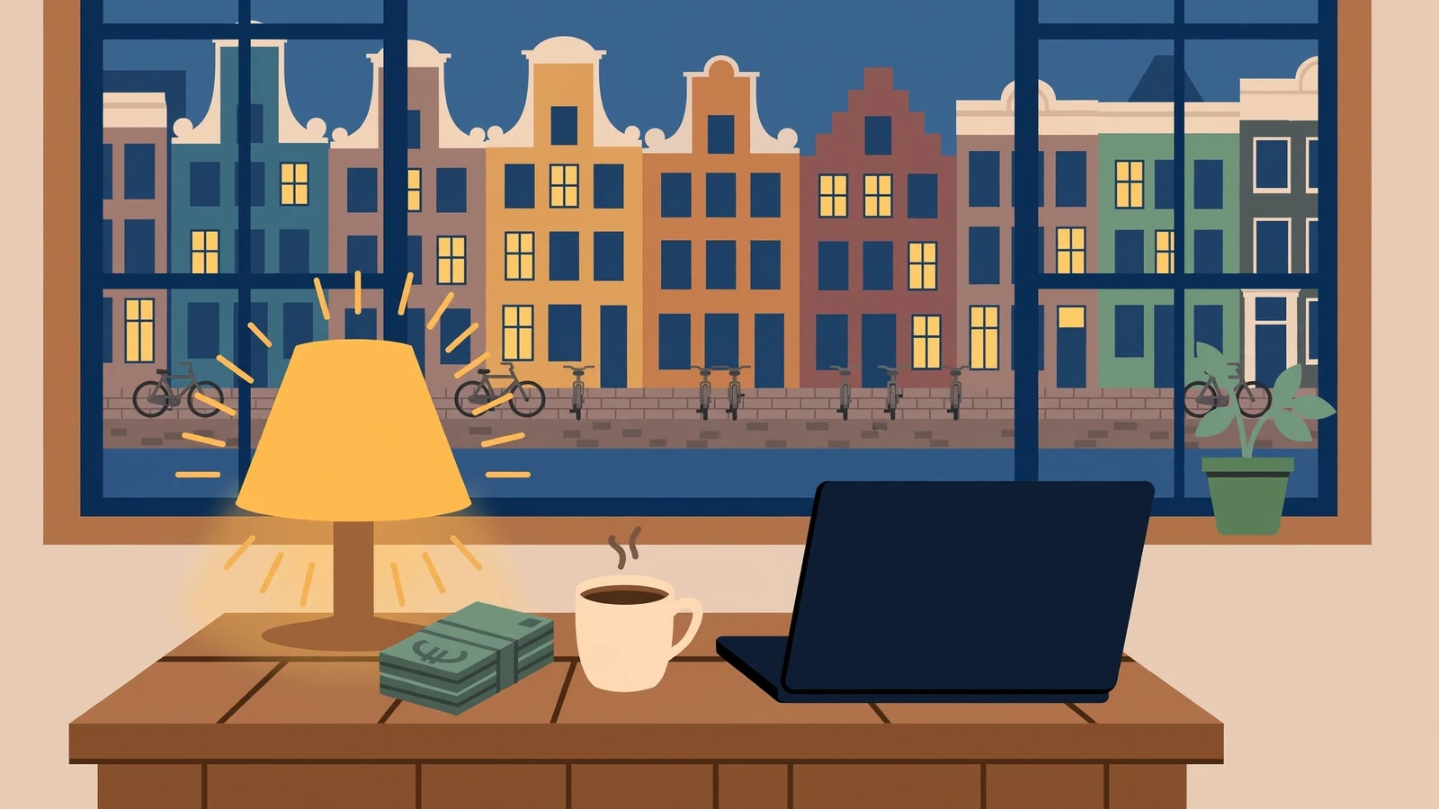 Stapel eurobankbiljetten op een salontafel in een Nederlands huis met grachtenpanden door het raam.