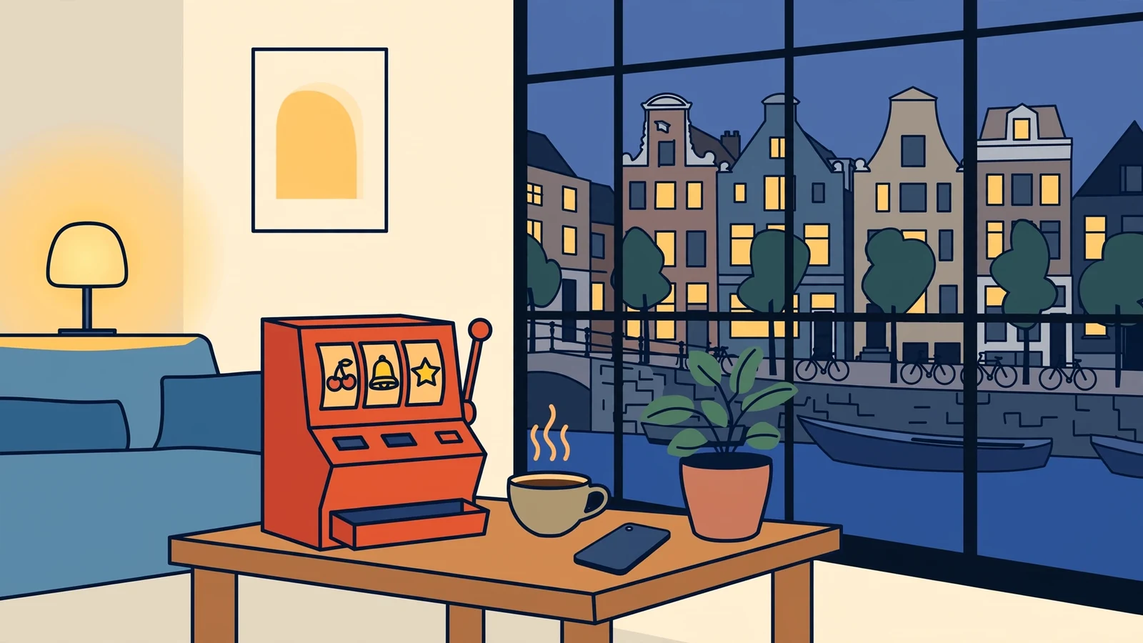 Staande gokkast op tafel in een modern Nederlands interieur bij schemering
