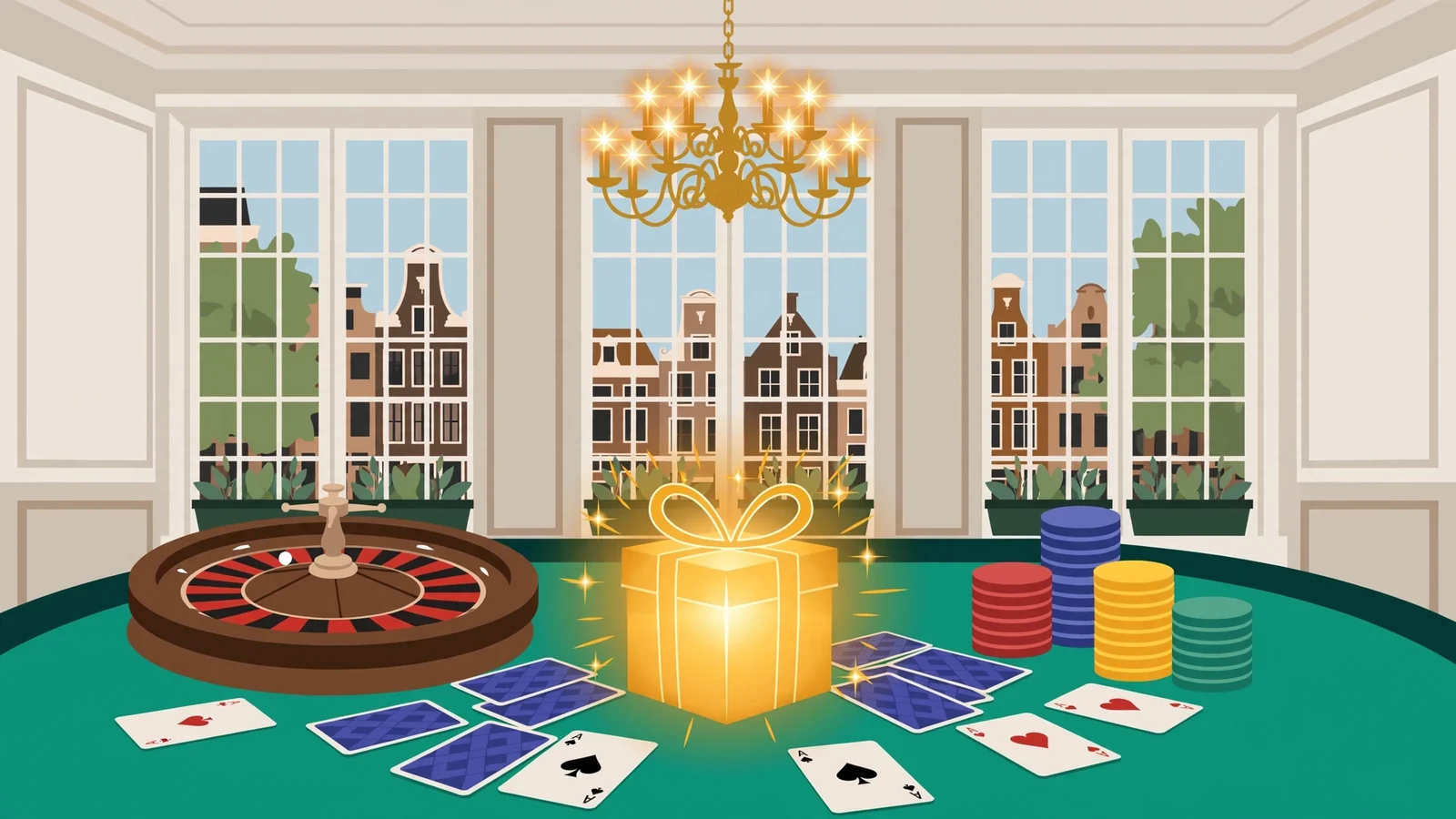 Elegante casinotafel met roulette, fiches en een gouden cadeau