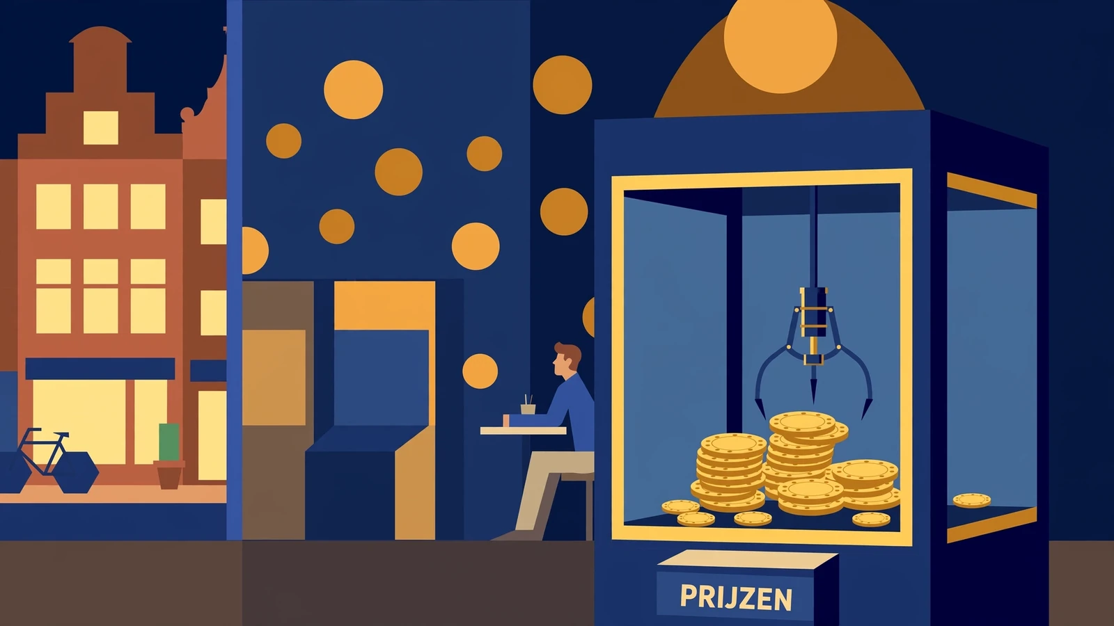 Grijpmachine met gouden casinochips, verlicht door warm spotlicht in een speelhal.