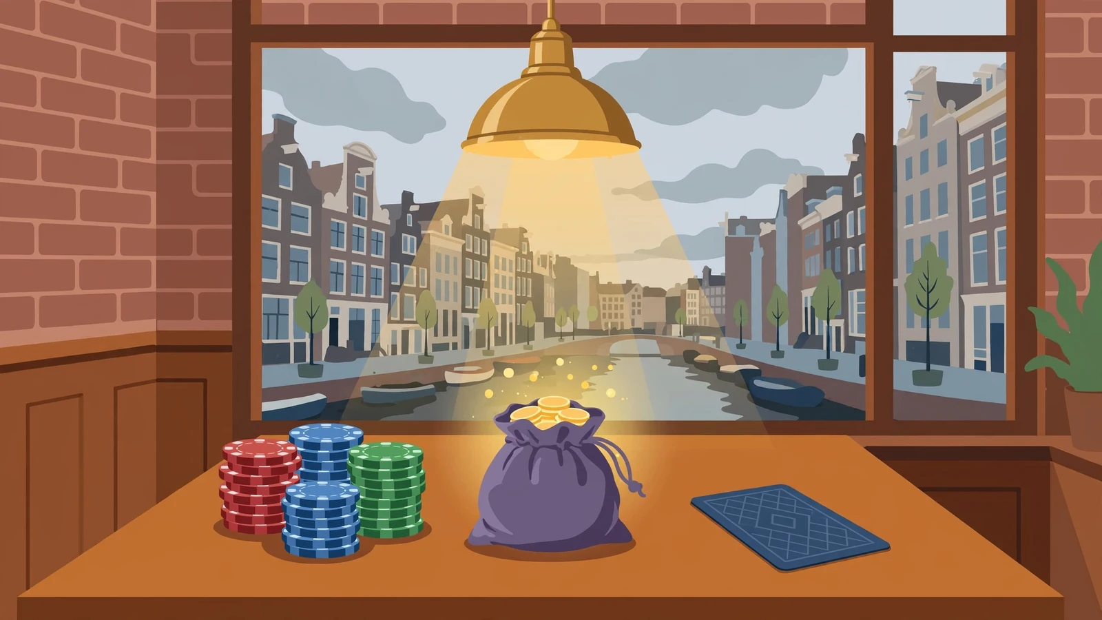 Gastvrije casino lounge met speelfiches en een bonusbuidel op tafel