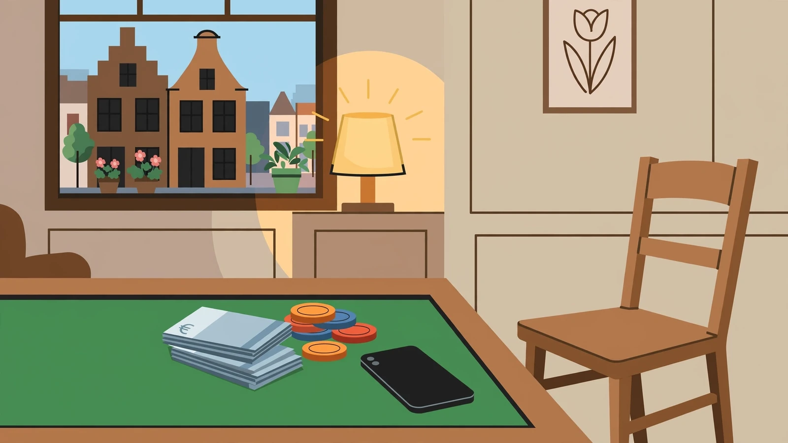 Eurobiljetten en casinofiches op een groene speeltafel met telefoon