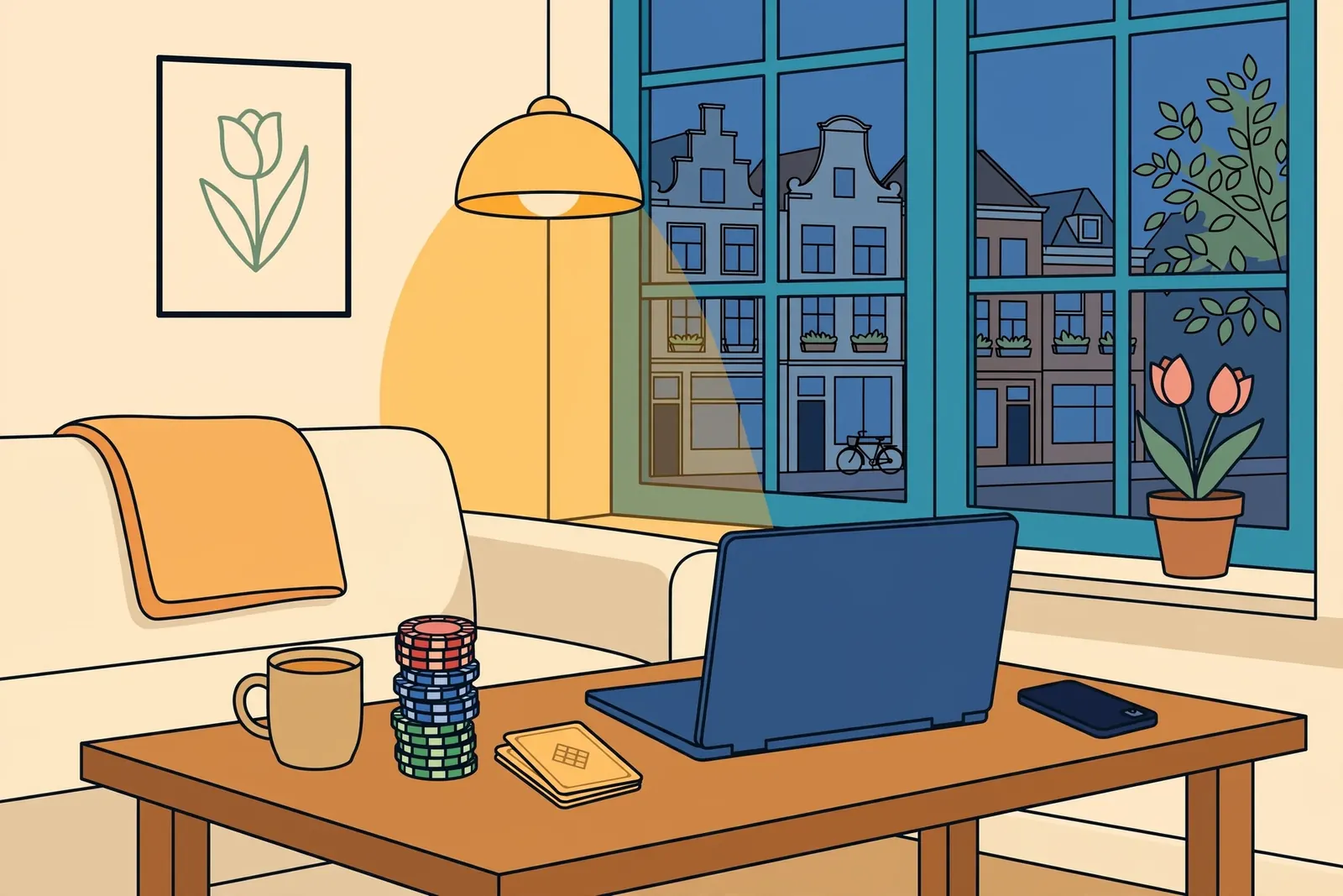 Nederlandse huiskamer met casinofiches en speelkaarten op tafel