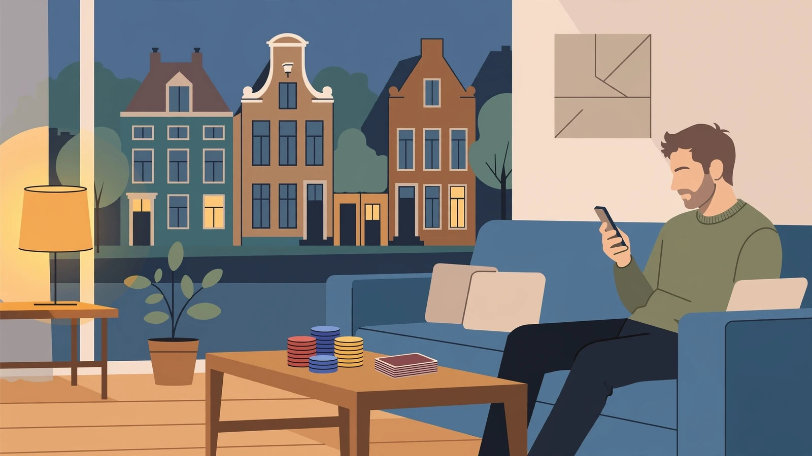 Persoon op de bank met telefoon, fiches en kaarten op tafel