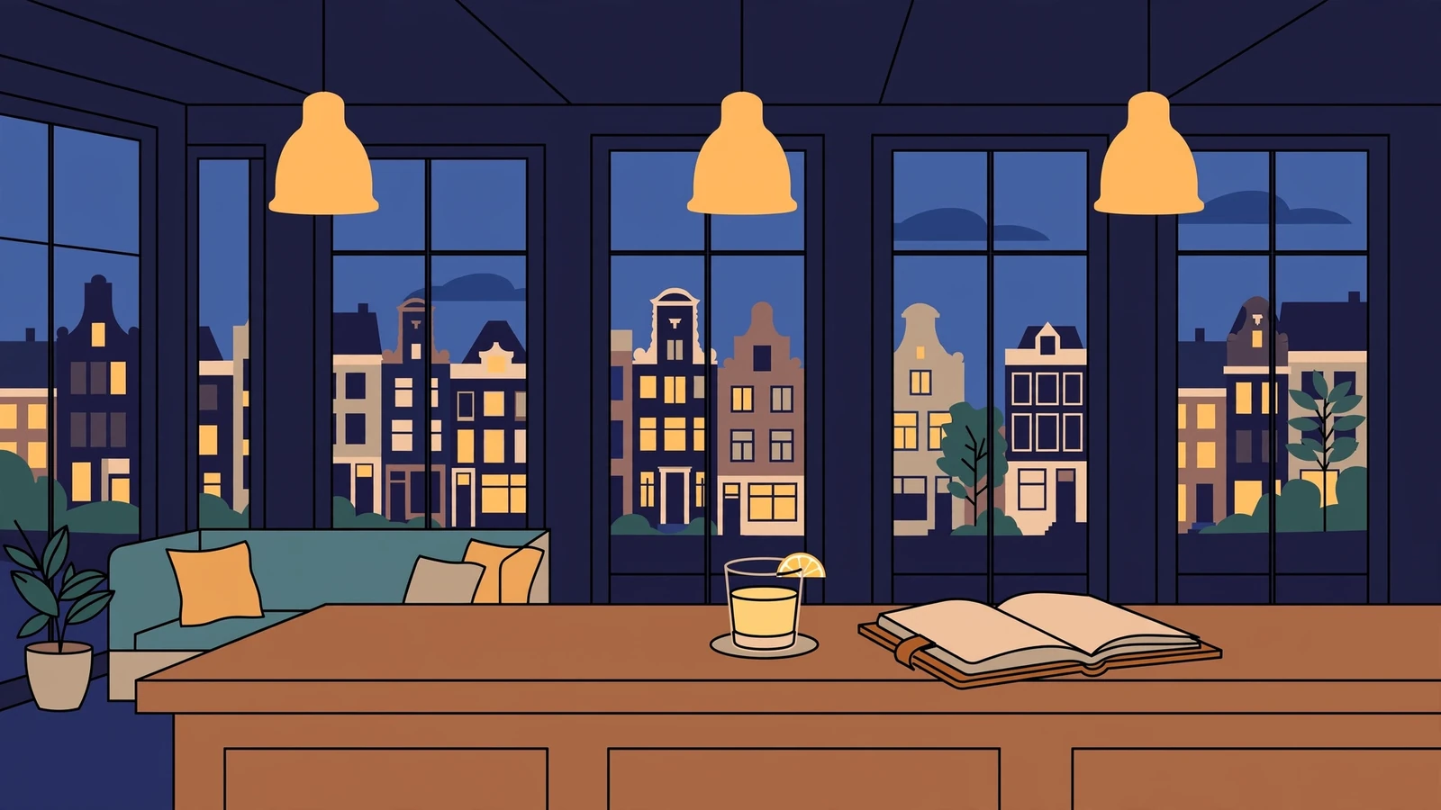 Sfeervolle Nederlandse lounge met grachtenpanden, warm avondlicht en jenever aan de bar