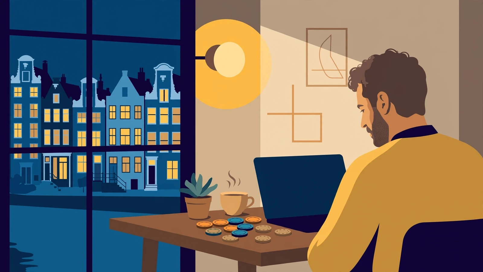 Persoon aan tafel met laptop en pokerfiches in donker Amsterdams appartement