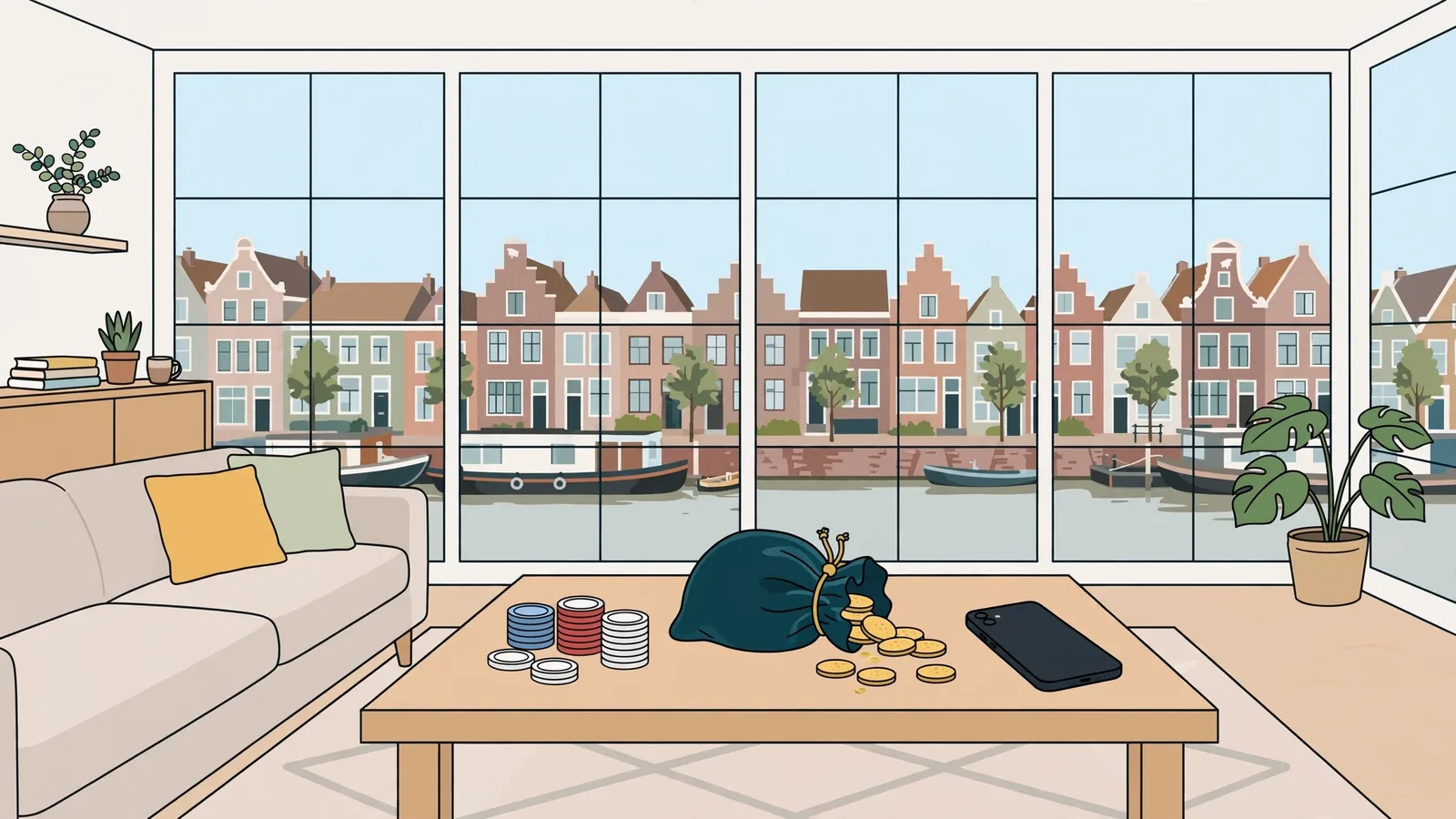 Nederlandse woonkamer met casinofiches en gesloten buidel op tafel