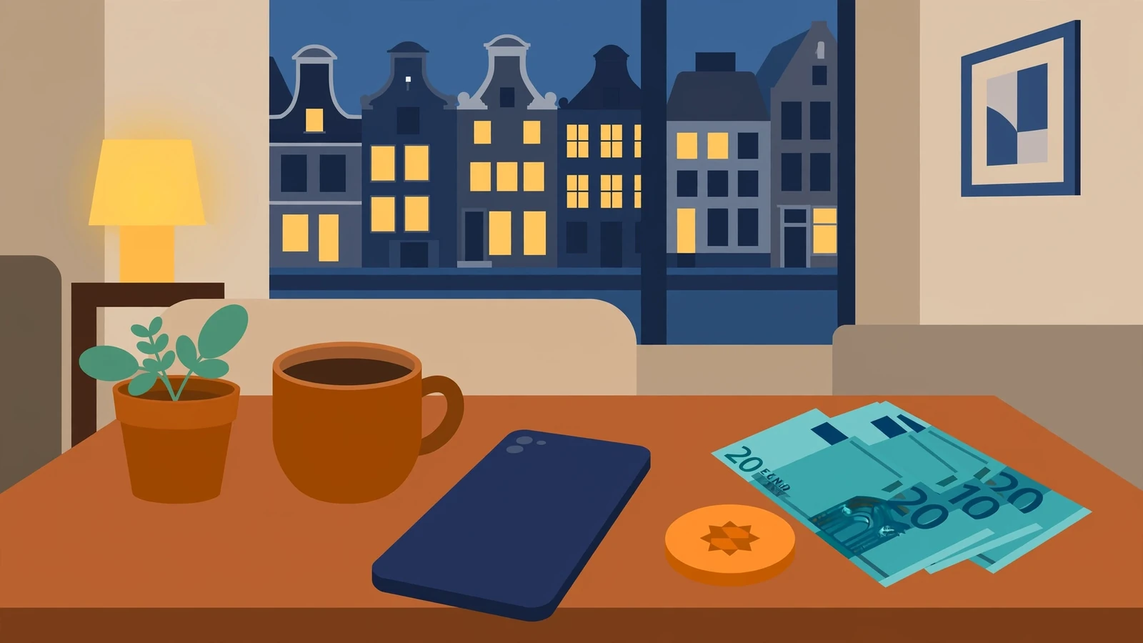 Nederlandse huiskamer met telefoon, casinofiche en briefgeld op tafel