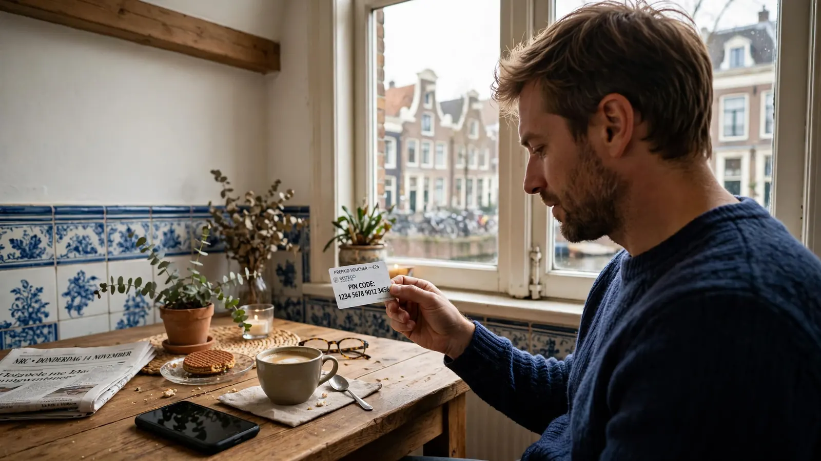 Nederlander met paysafecard voucher aan tafel thuis